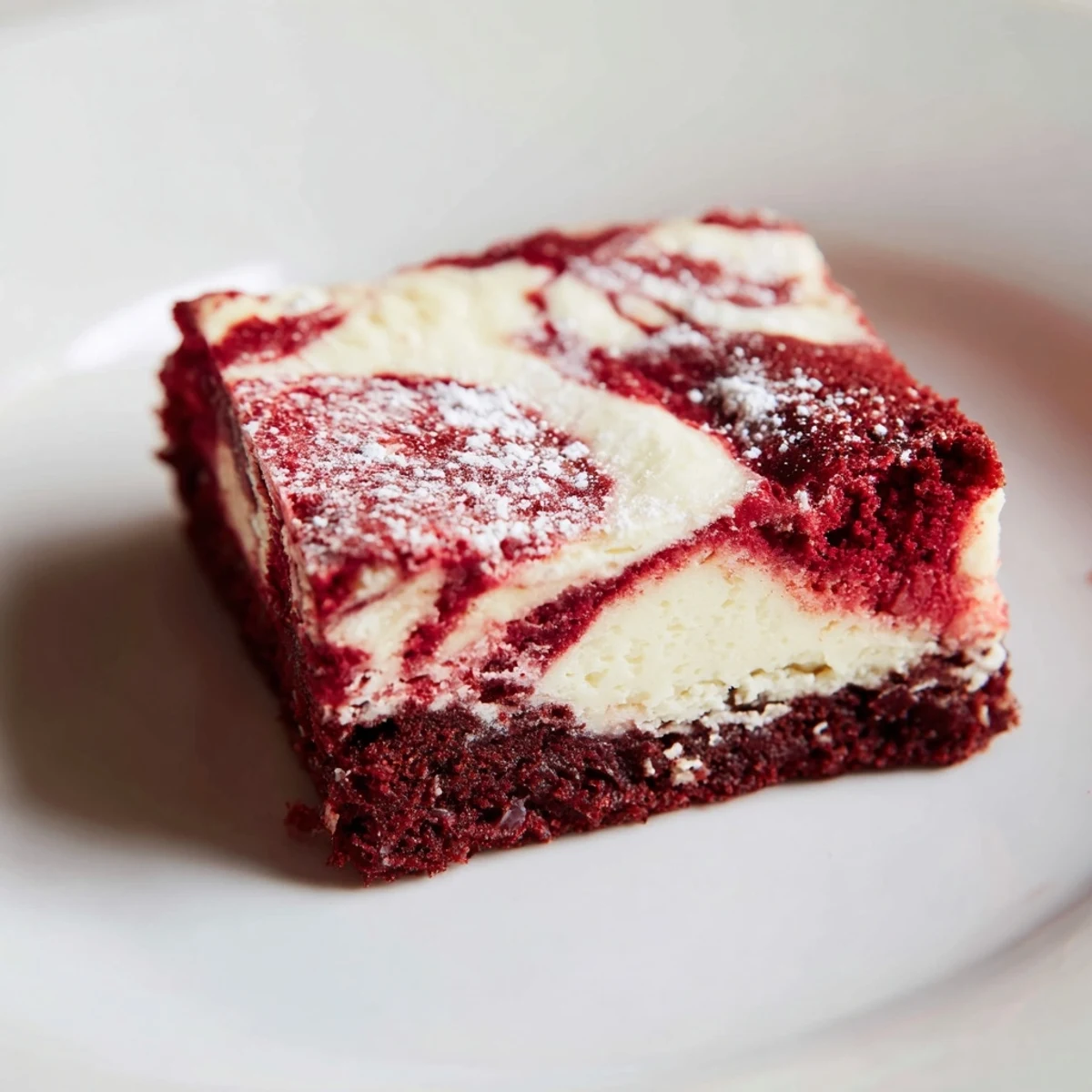 Fudgy, cocoa-red velvet brownie bites topped with a swirl of vanilla cheesecake and a dusting of powdered sugar.