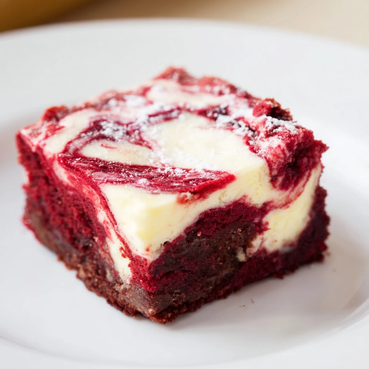Golden Red Velvet Cheesecake Brownie Bites on a plate, showing a rich marbled red and creamy interior with chocolate garnish.