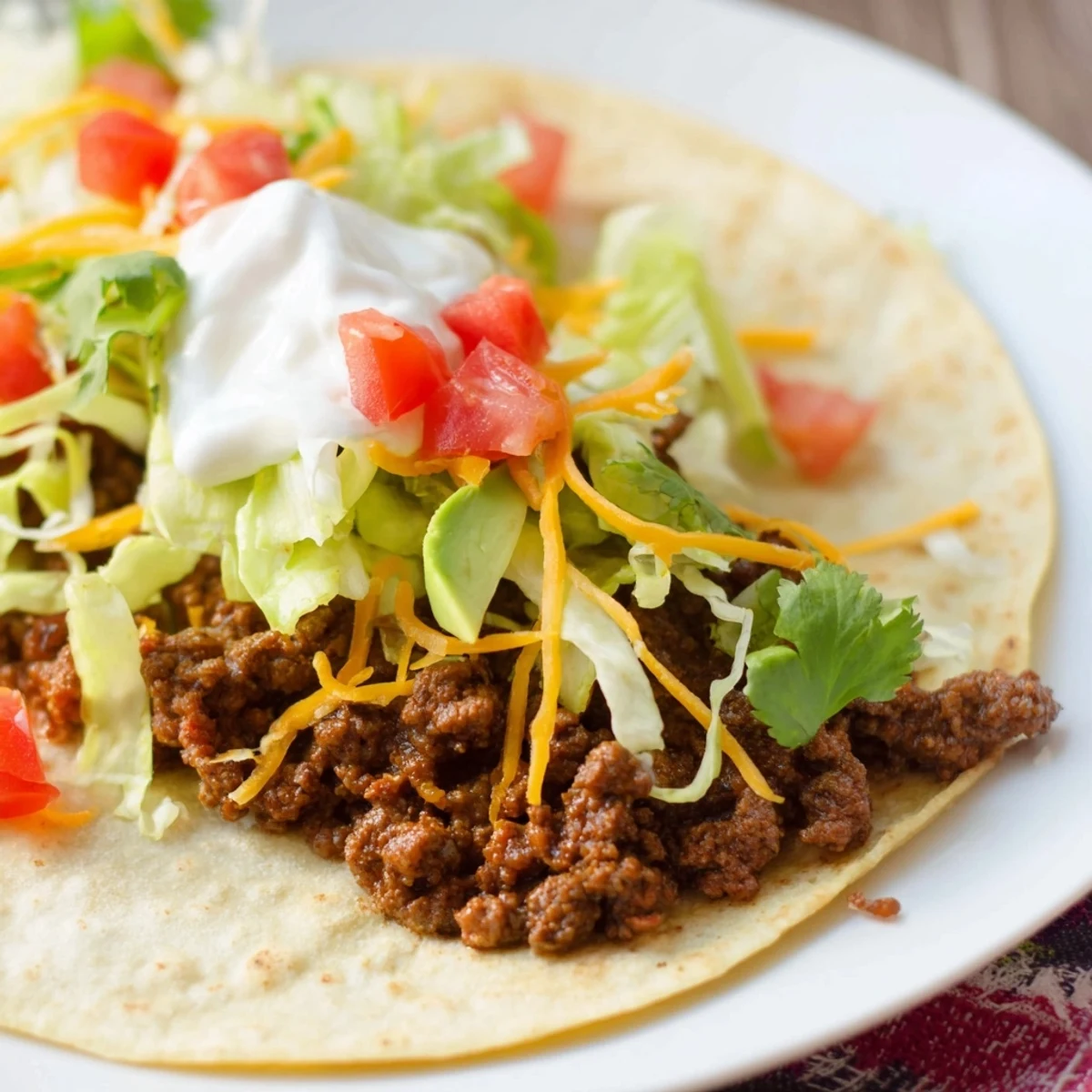 Warm flour tortillas generously filled with juicy beef, shredded lettuce, diced tomatoes, and melted cheese.