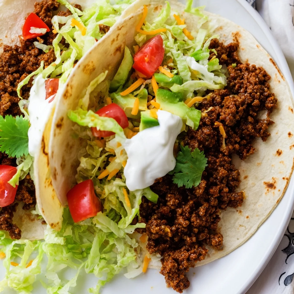Classic beef tacos with homemade seasoning, garnished with creamy sour cream and fresh cilantro for serving.