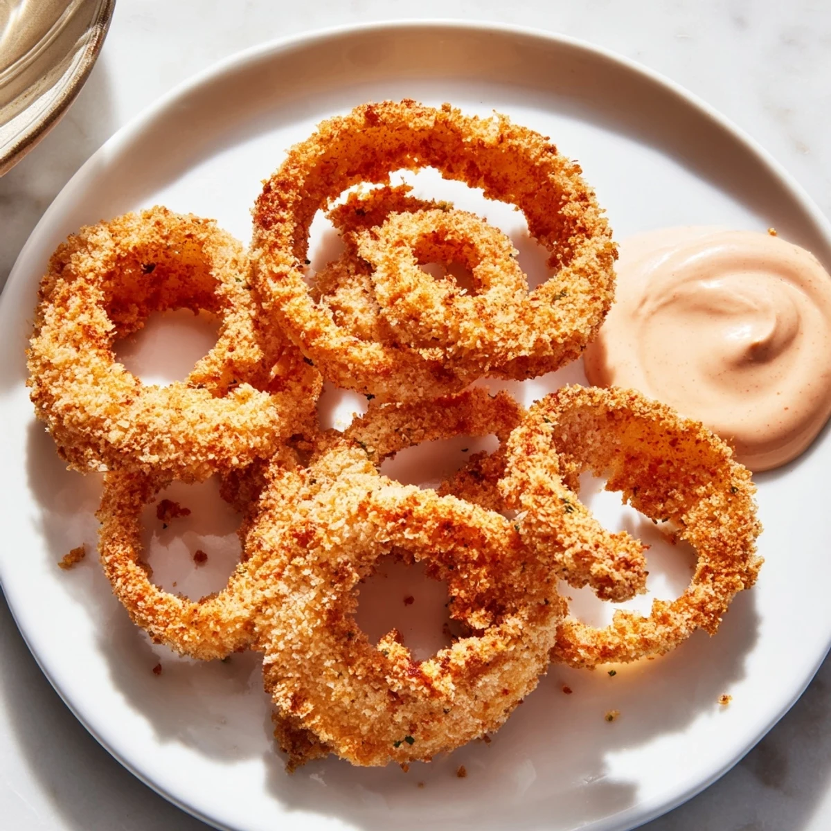 A close-up view of Crispy Air Fryer Onion Rings with Chipotle Mayo showing the golden brown panko coating.