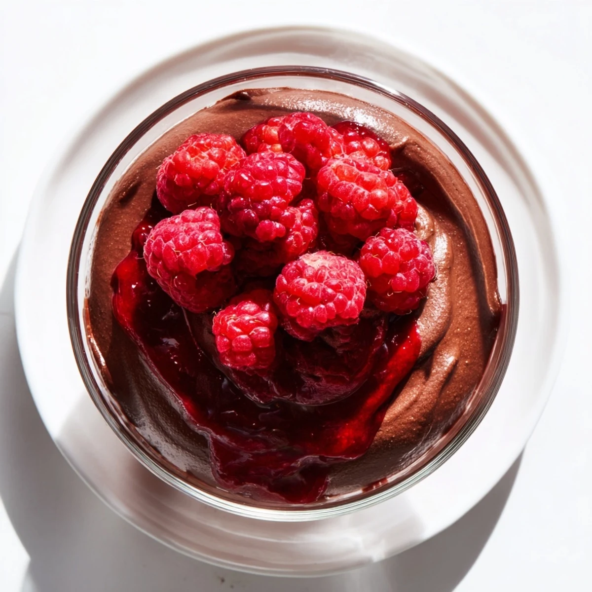 Fresh raspberry coulis drizzled over rich chocolate mousse for a tangy, sweet dessert pairing.