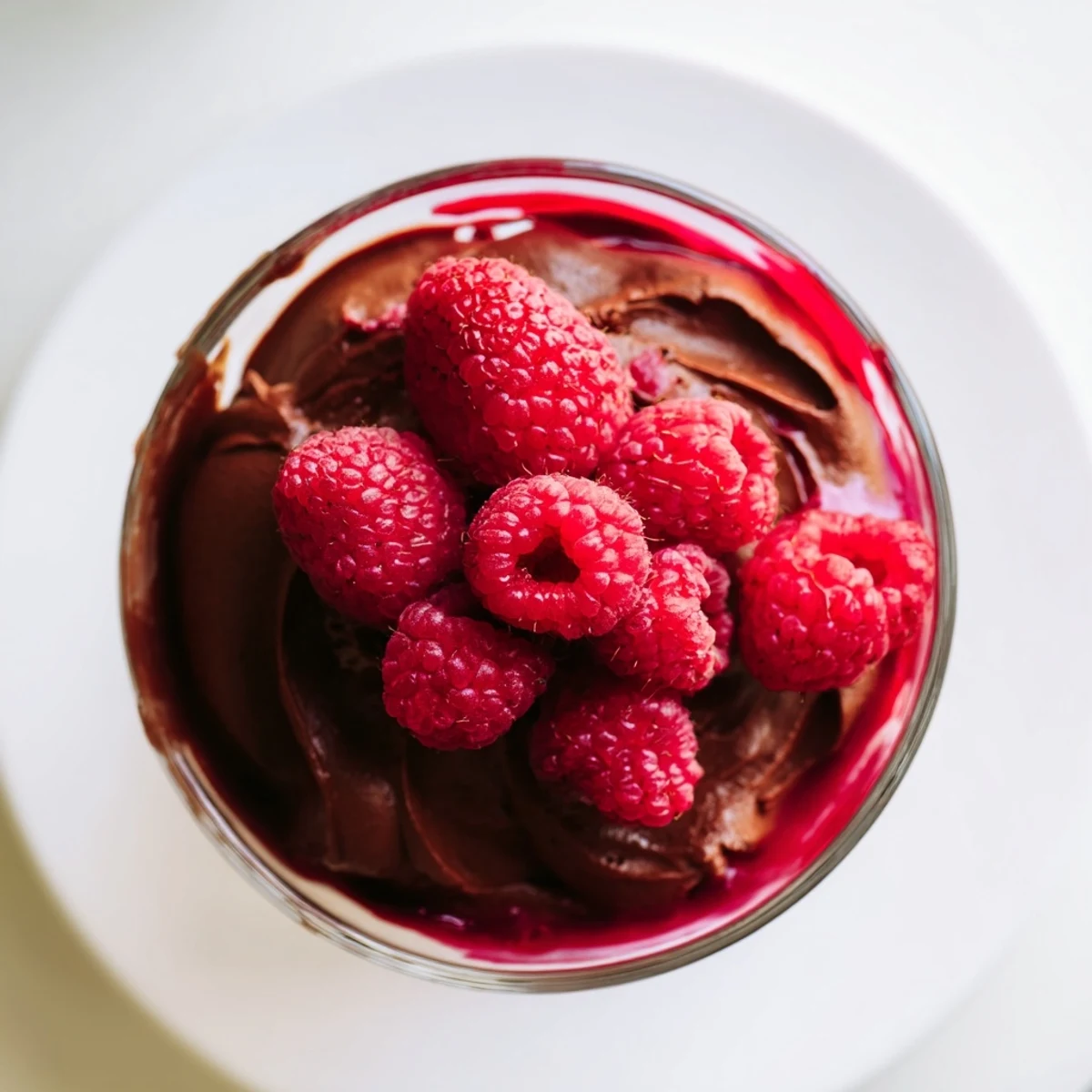 Chocolate mousse topped with vibrant raspberry coulis and mint, served chilled in clear glasses.