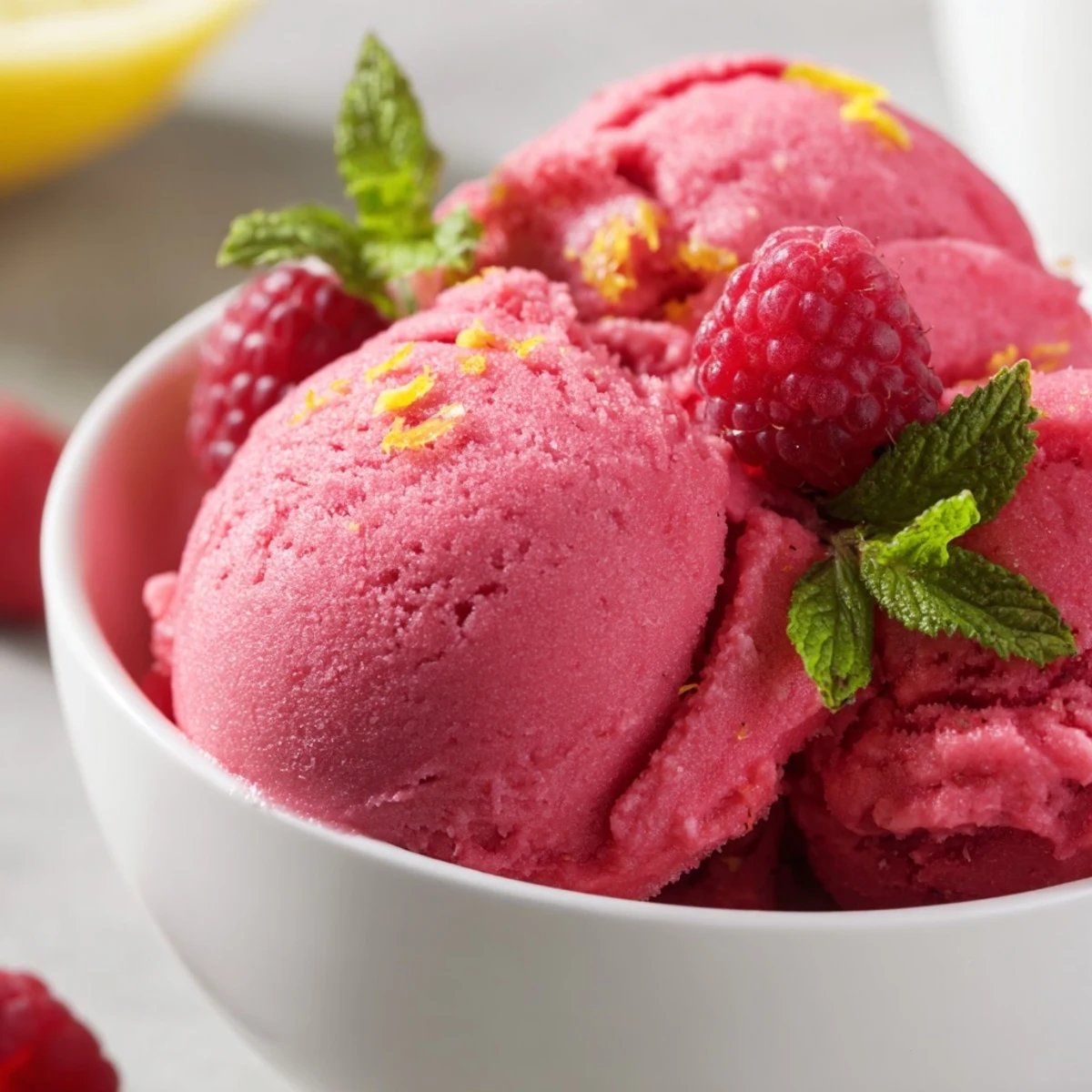 A vibrant bowl of Pink Raspberry Lemonade Sorbet, garnished with fresh raspberries and mint leaves for a refreshing summer dessert.