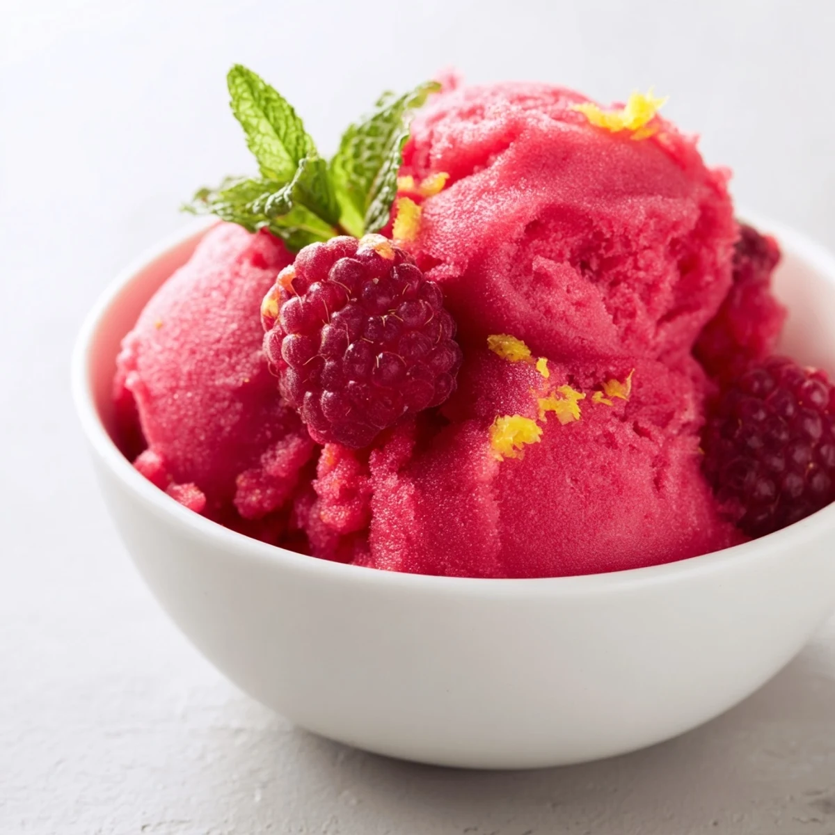 Scoops of Pink Raspberry Lemonade Sorbet in a glass bowl, served with a lemon slice and sparkling water as a palate cleanser.