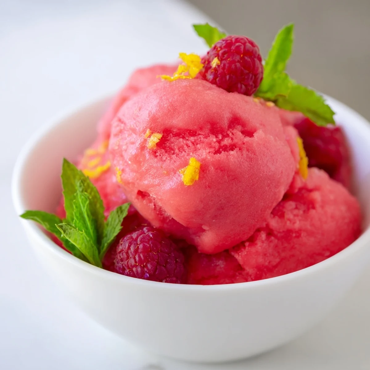 Homemade Pink Raspberry Lemonade Sorbet churning in an ice cream maker, showing its bright pink color and slushy texture.