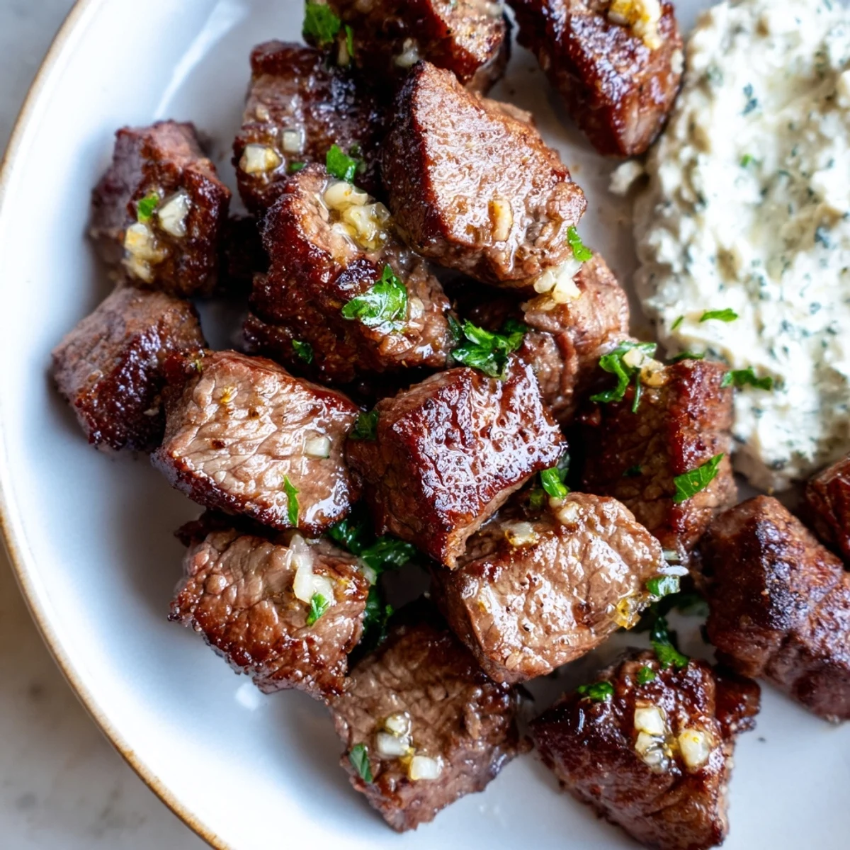 Juicy Garlic Butter Steak Bites sizzling in a skillet, topped with fresh parsley and served with creamy horseradish dip.