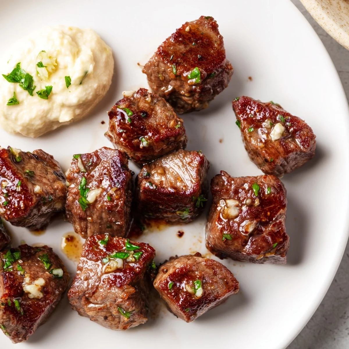 Savory Garlic Butter Steak Bites garnished with fresh herbs, alongside a bowl of creamy horseradish sauce for dipping.