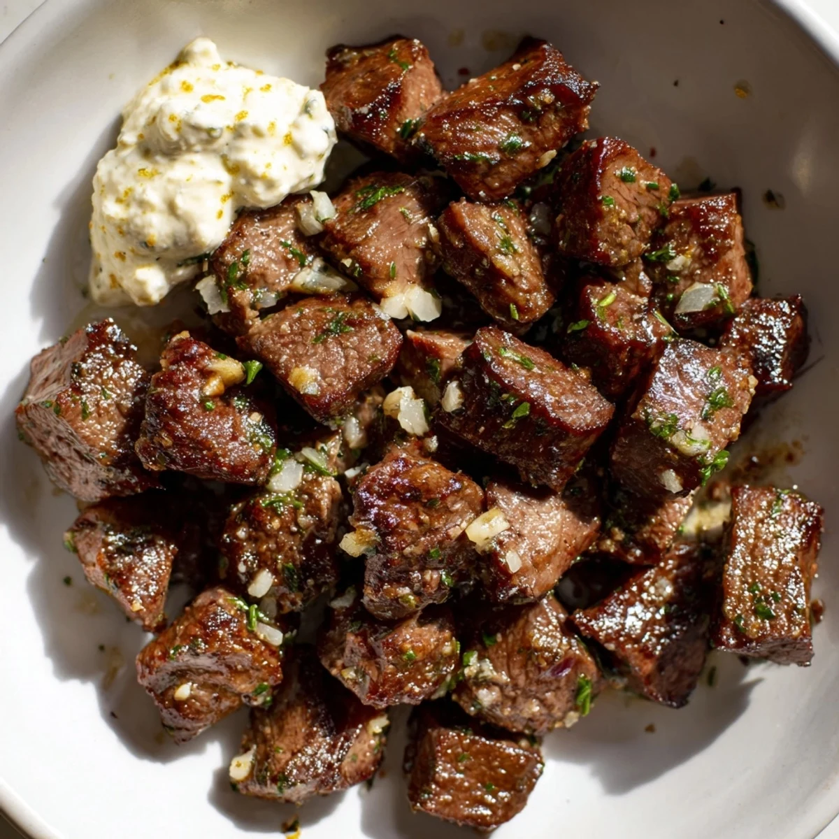 Golden-seared Garlic Butter Steak Bites drizzled with garlic butter, perfect for serving with roasted potatoes or a crisp salad.