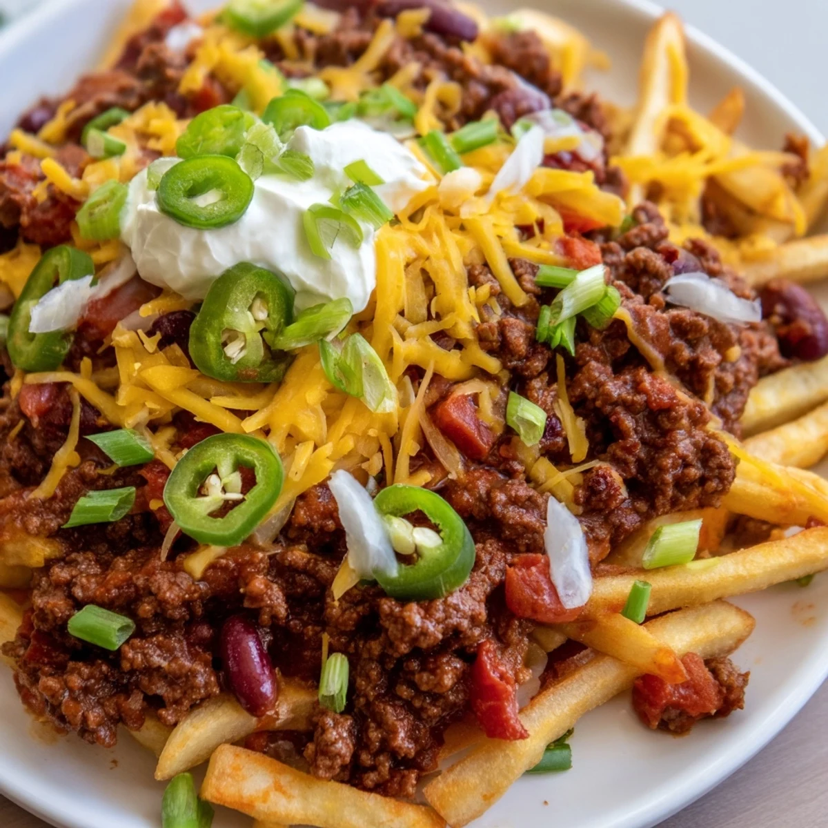 Oven-baked fries topped with savory beef and bean chili, melty cheese, and a dollop of sour cream.