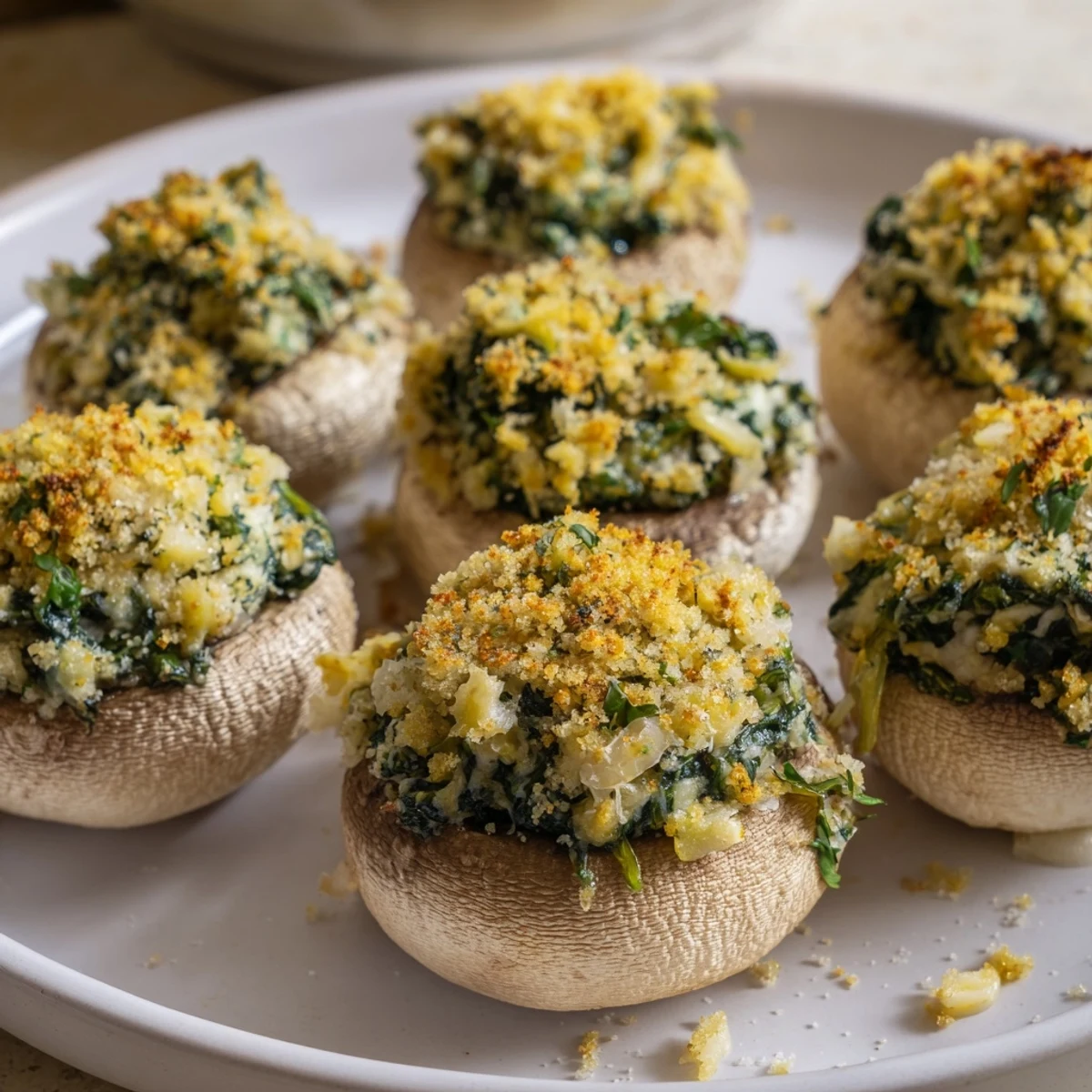 Golden-baked Vegetarian Stuffed Mushrooms with Spinach and Cheese sit on a wooden platter, their cheesy filling bubbling and fragrant.