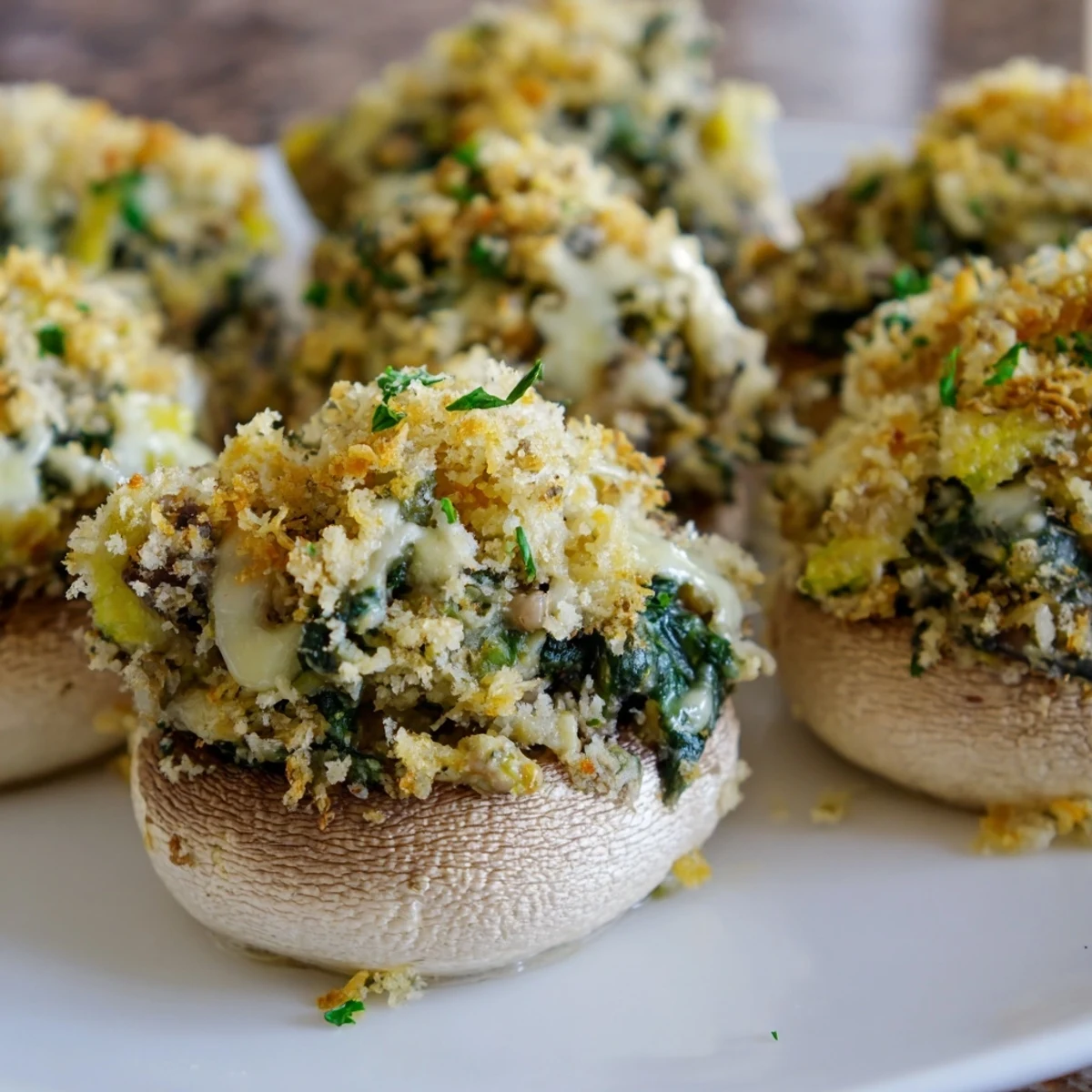 Freshly roasted Vegetarian Stuffed Mushrooms with Spinach and Cheese arranged on a rustic plate, perfect for an easy appetizer spread.