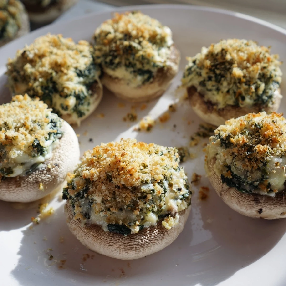 A close-up view of Vegetarian Stuffed Mushrooms with Spinach and Cheese shows melted mozzarella and herbs on tender mushroom caps.