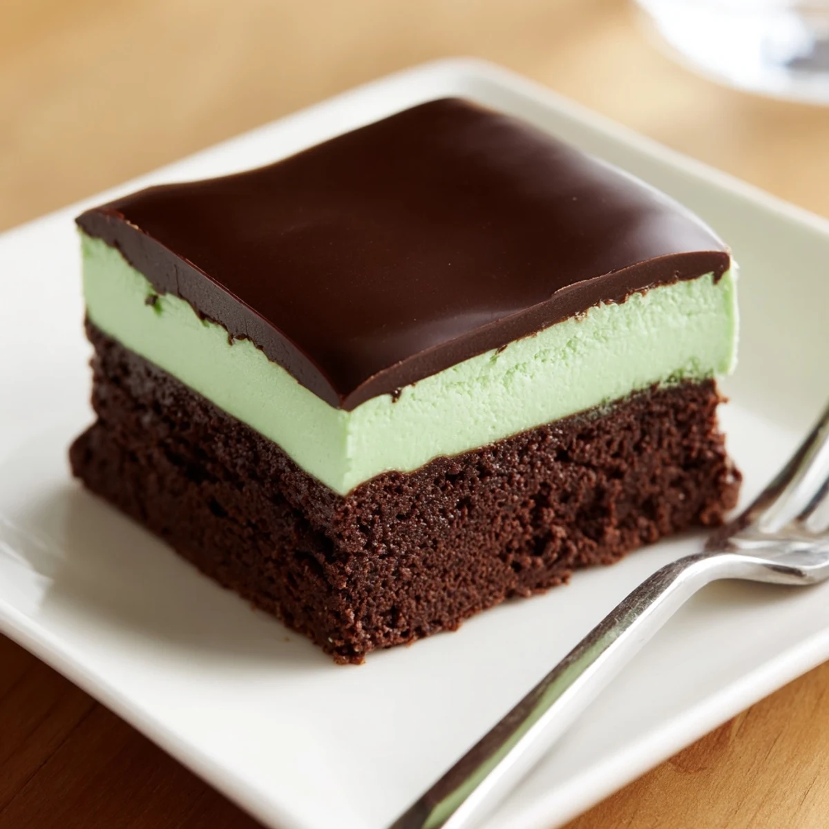 Fudgy Shamrock Mint Brownies with glossy chocolate ganache, stacked on a white plate with a sprinkle of green sugar.  