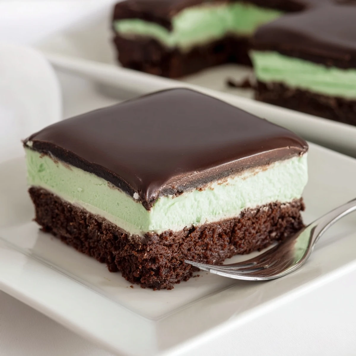 A close-up of Shamrock Mint Brownies revealing a creamy mint layer and smooth ganache topping.  