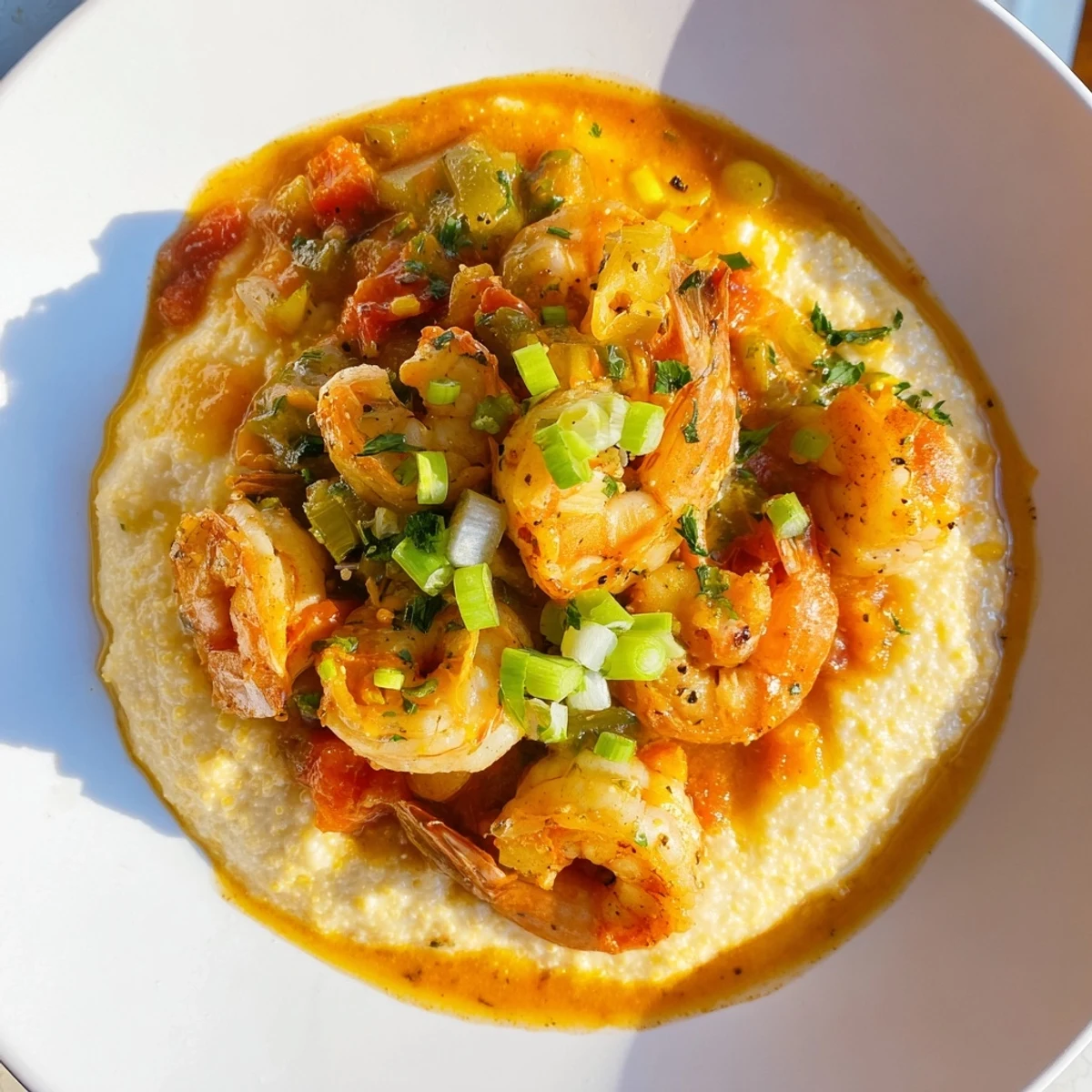 A close-up of succulent shrimp simmering in rich tomato gravy, served over golden, cheesy grits.  