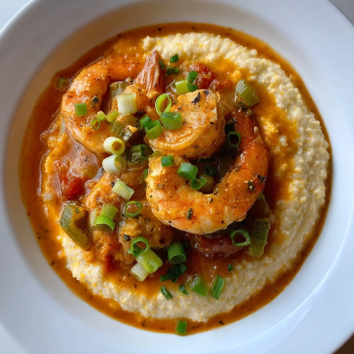 Steaming, creamy stone-ground grits topped with Creole-spiced shrimp and a vibrant, spicy tomato gravy.  
