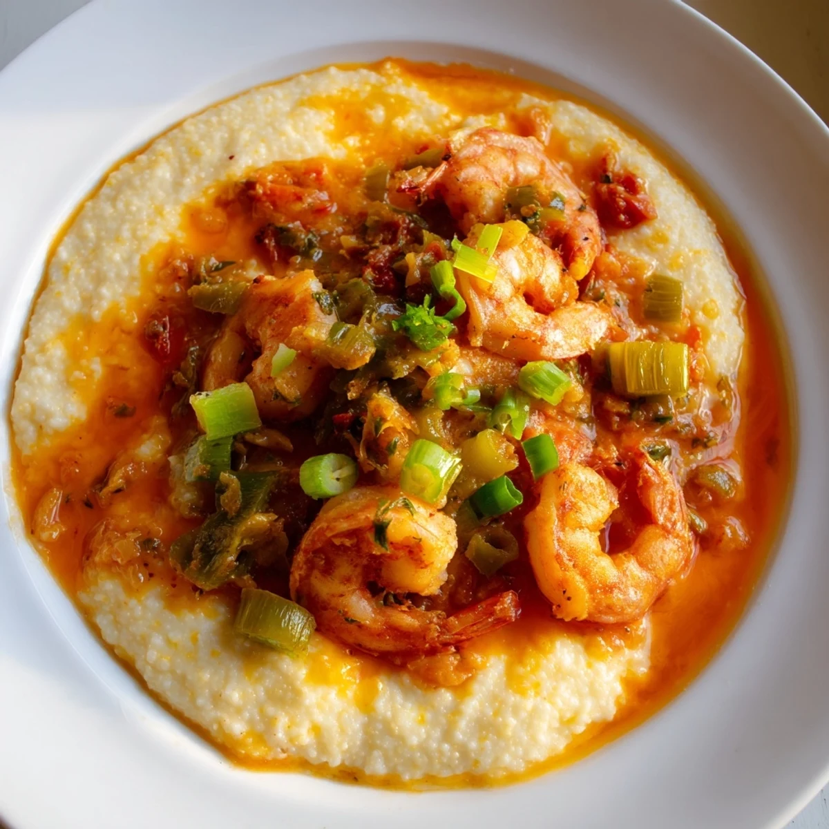 Southern comfort food: Shrimp and grits with spicy tomato gravy, garnished with fresh green onions.
