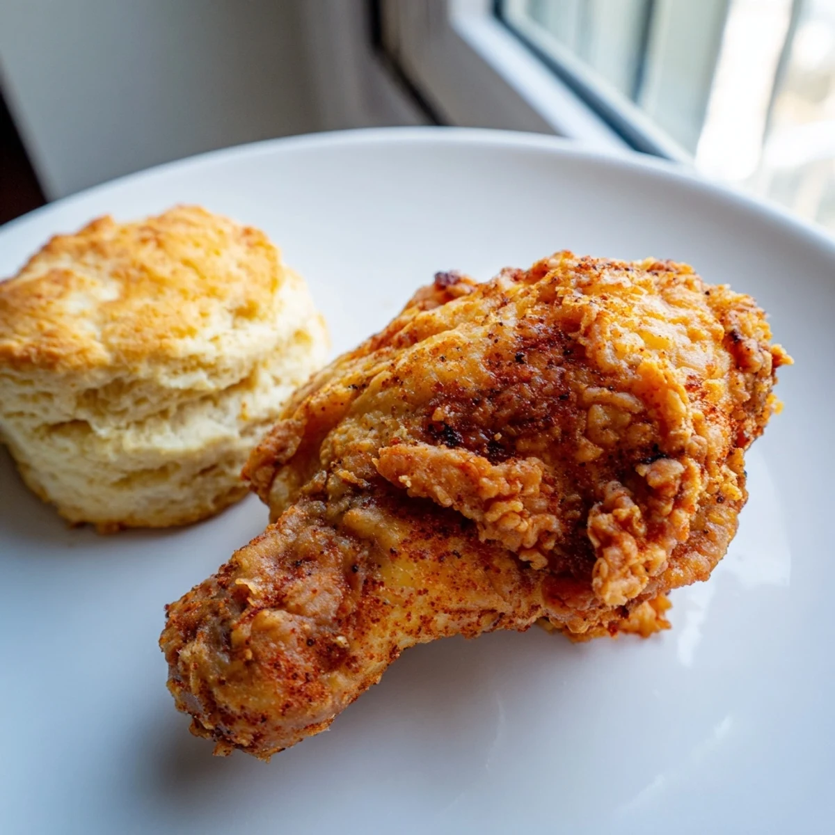 A close-up of juicy Southern Fried Chicken and flaky Buttermilk Biscuits with honey drizzle.  