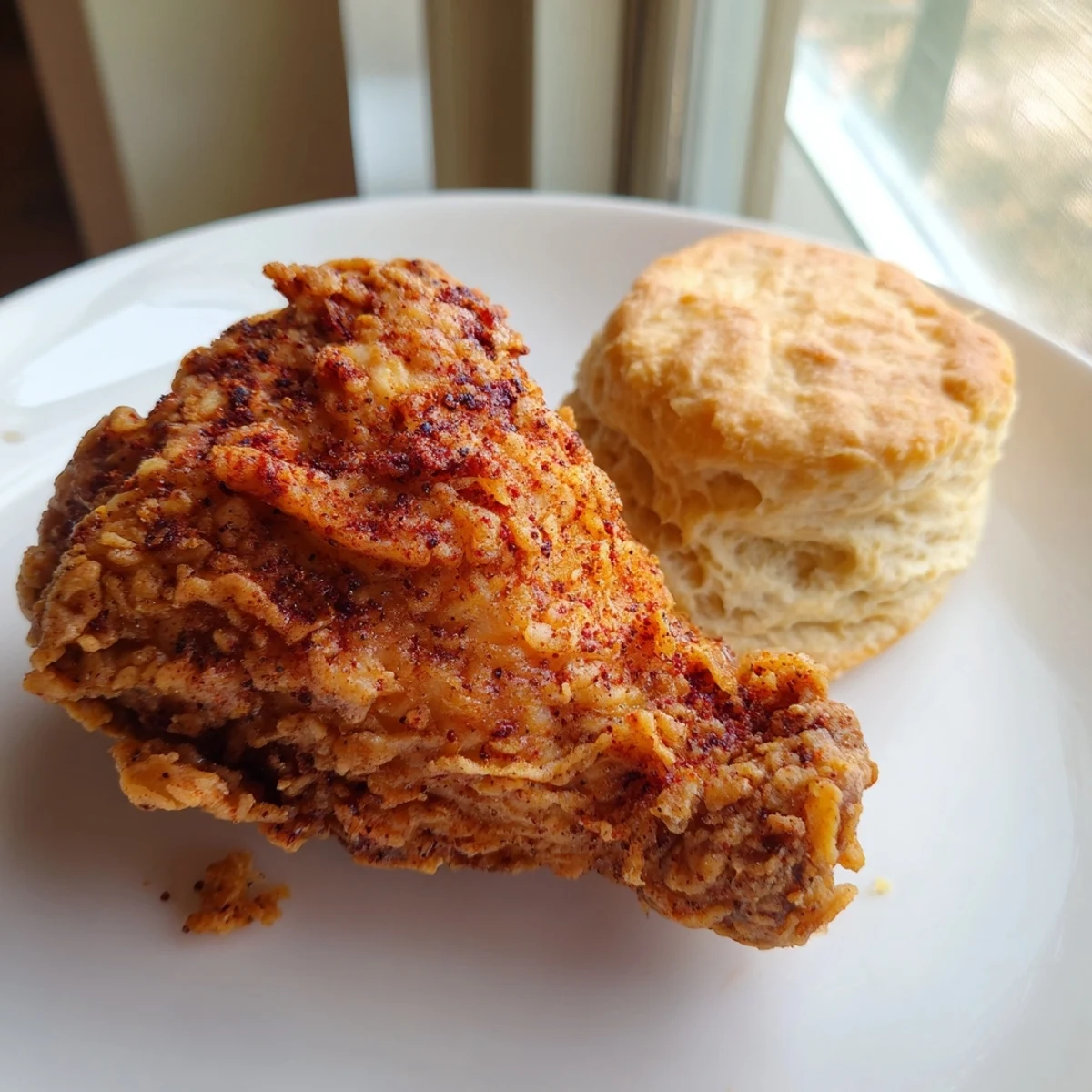 Crispy, golden-brown Southern Fried Chicken with Buttermilk Biscuits served hot on a rustic plate.  