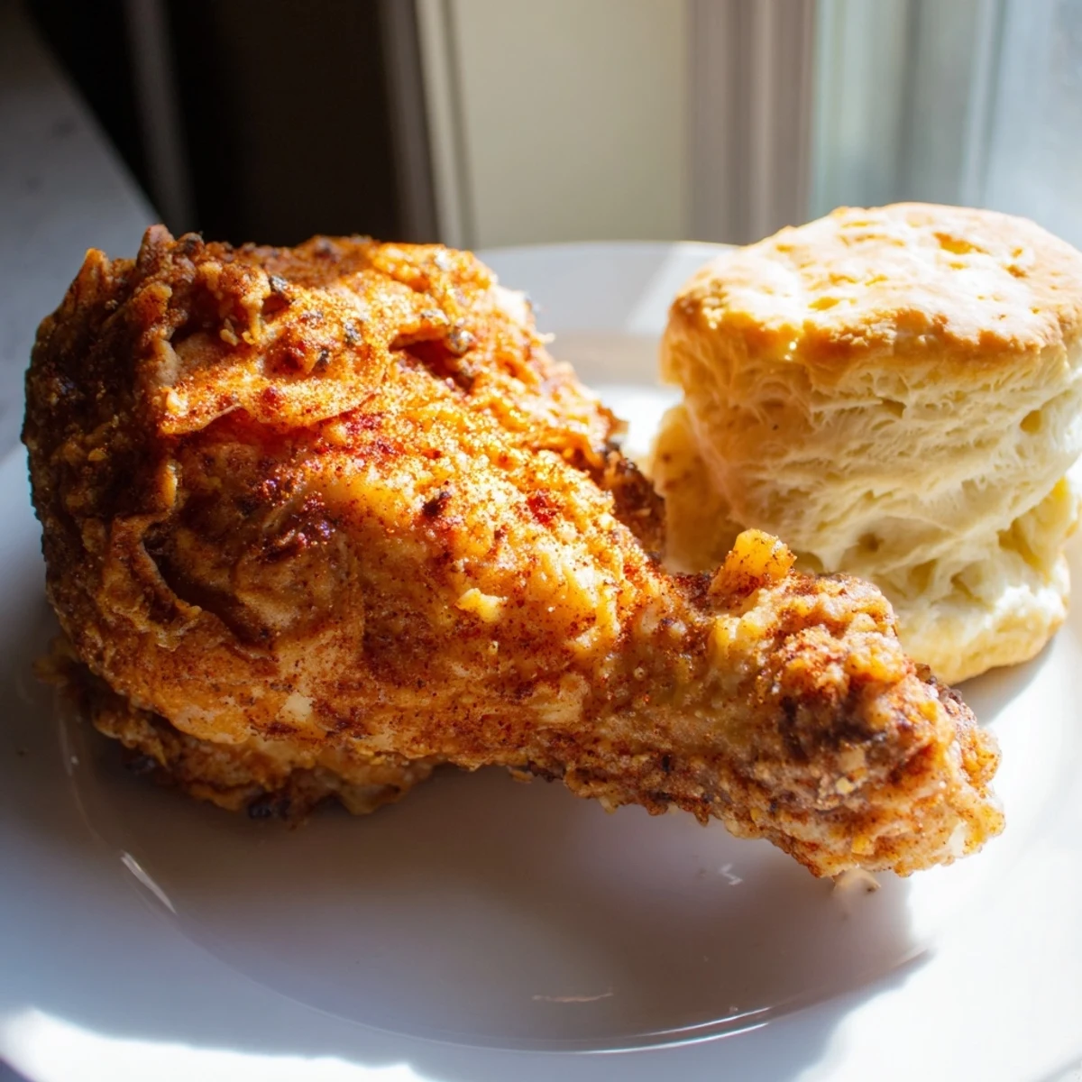 Golden Southern Fried Chicken beside fluffy Buttermilk Biscuits on a farmhouse-style dinner table.