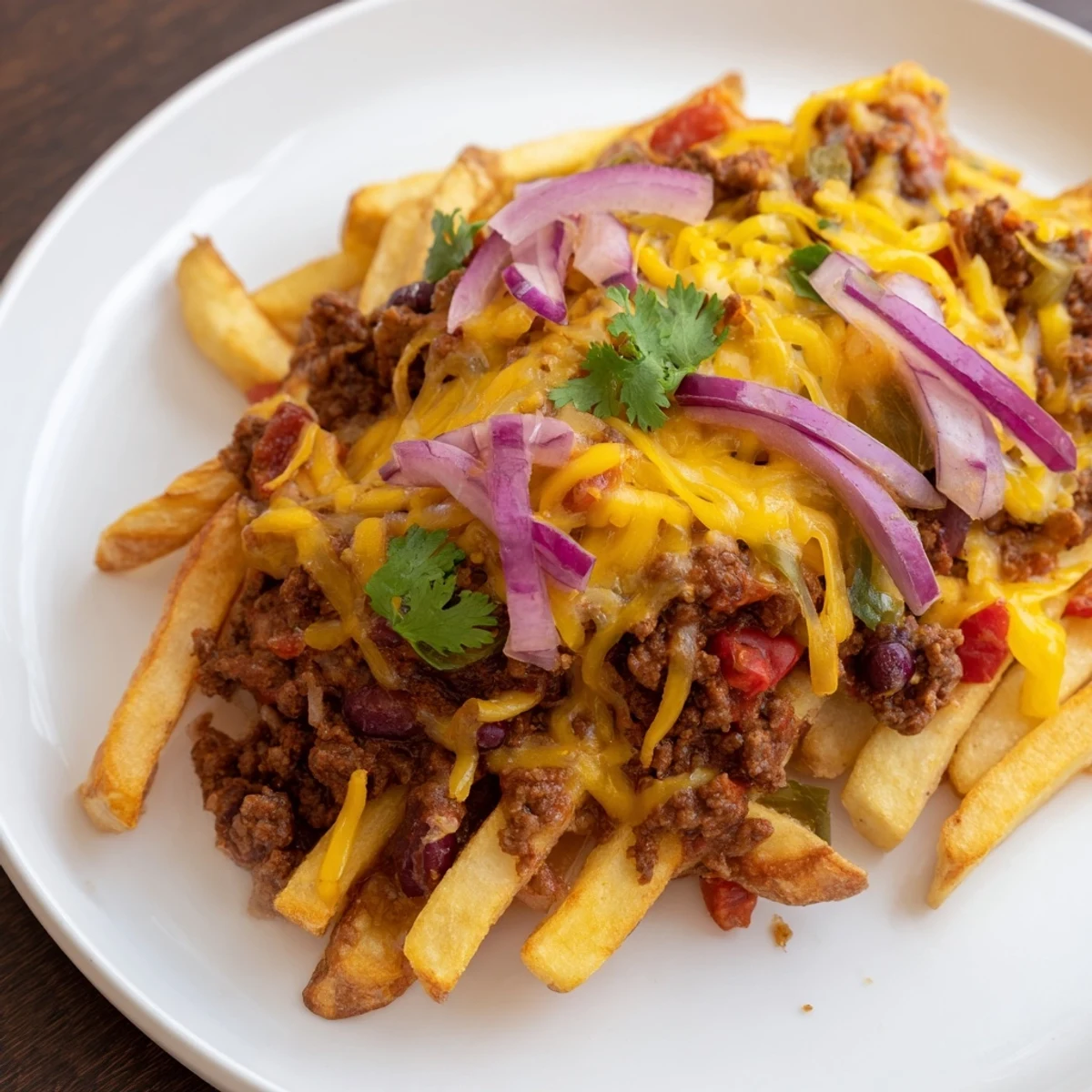 Crispy golden fries loaded with savory ground beef chili, melted cheddar, and fresh red onion slices.