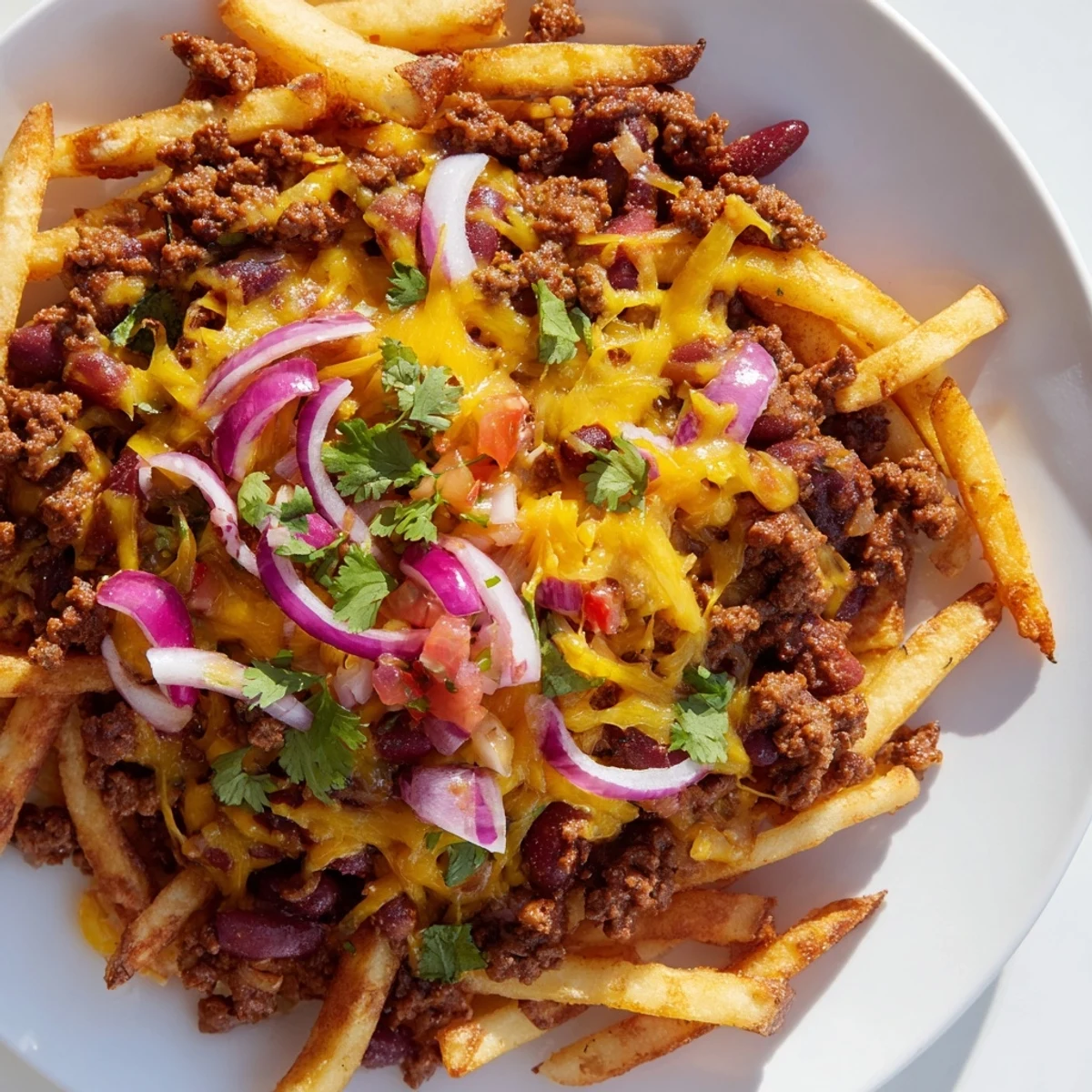 Sizzling homemade chili and gooey cheese smothering a bed of oven-baked potato fries for game day.
