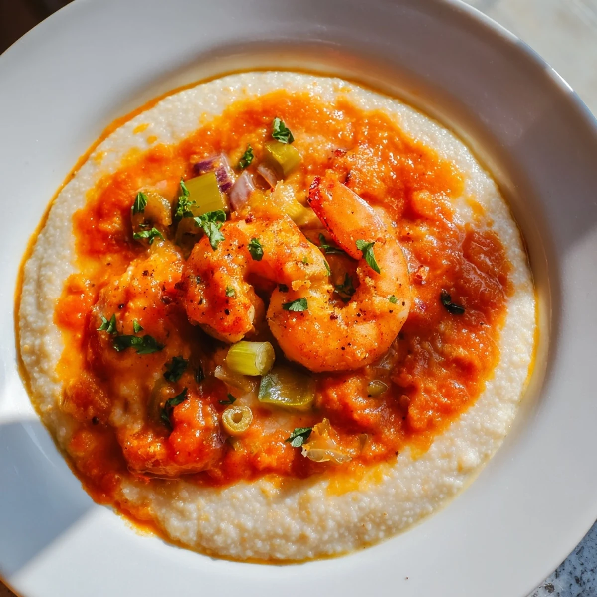 Creamy cheddar grits topped with Creole Shrimp and Grits and rich spicy tomato gravy.