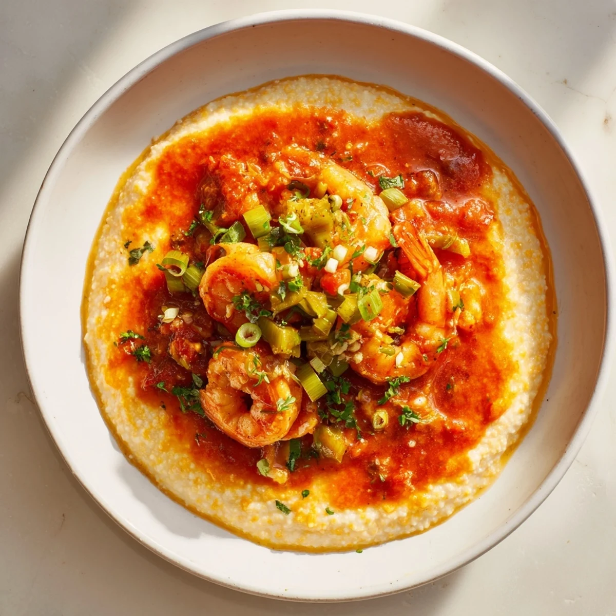 Rustic bowl of Creole Shrimp and Grits with sautéed shrimp and a vibrant red sauce.