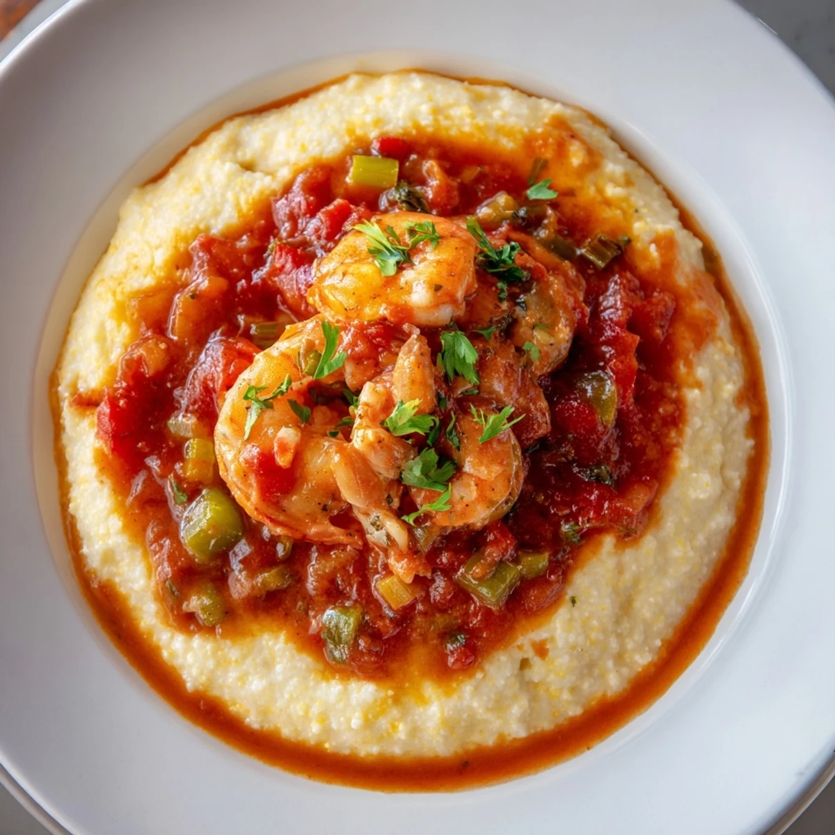 Hearty Southern Creole Shrimp and Grits served with fresh parsley garnish and a golden spoon.