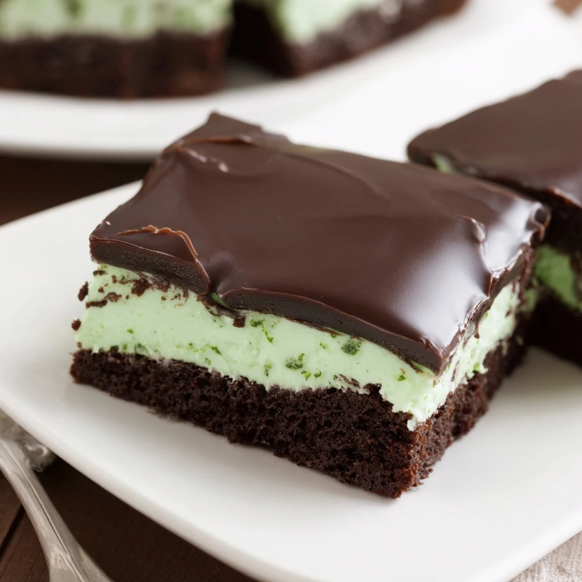 Decadent Shamrock Mint Brownies with Chocolate Ganache stacked on a white plate, ready to serve with cold milk or hot coffee.