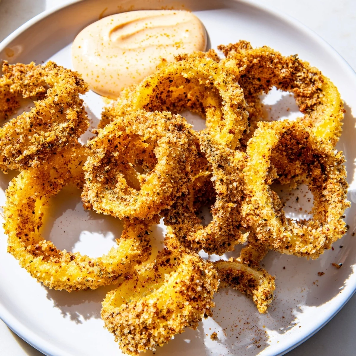 Golden Crispy Air Fryer Onion Rings with Chipotle Mayo stacked high, steam rising from the appetizer.