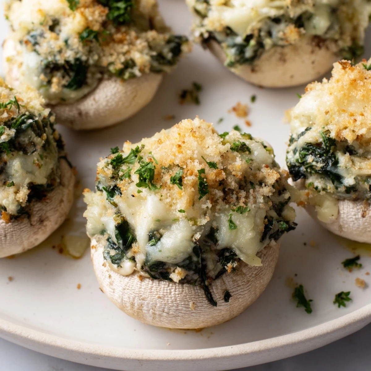 Golden-brown mushroom caps overflowing with creamy spinach and melted cheese filling.