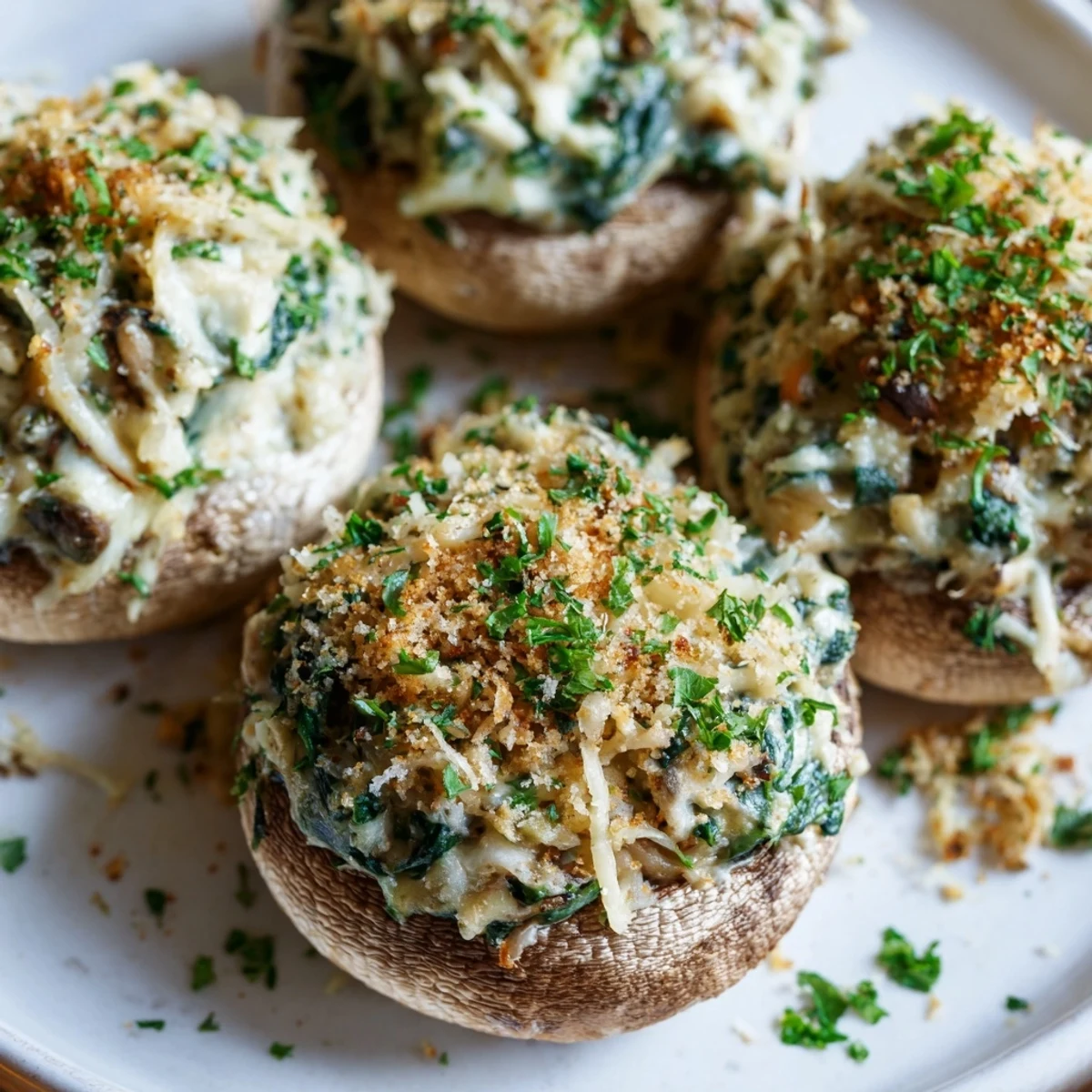 Freshly baked Vegetarian Stuffed Mushrooms with Spinach and Cheese on a dark serving platter.