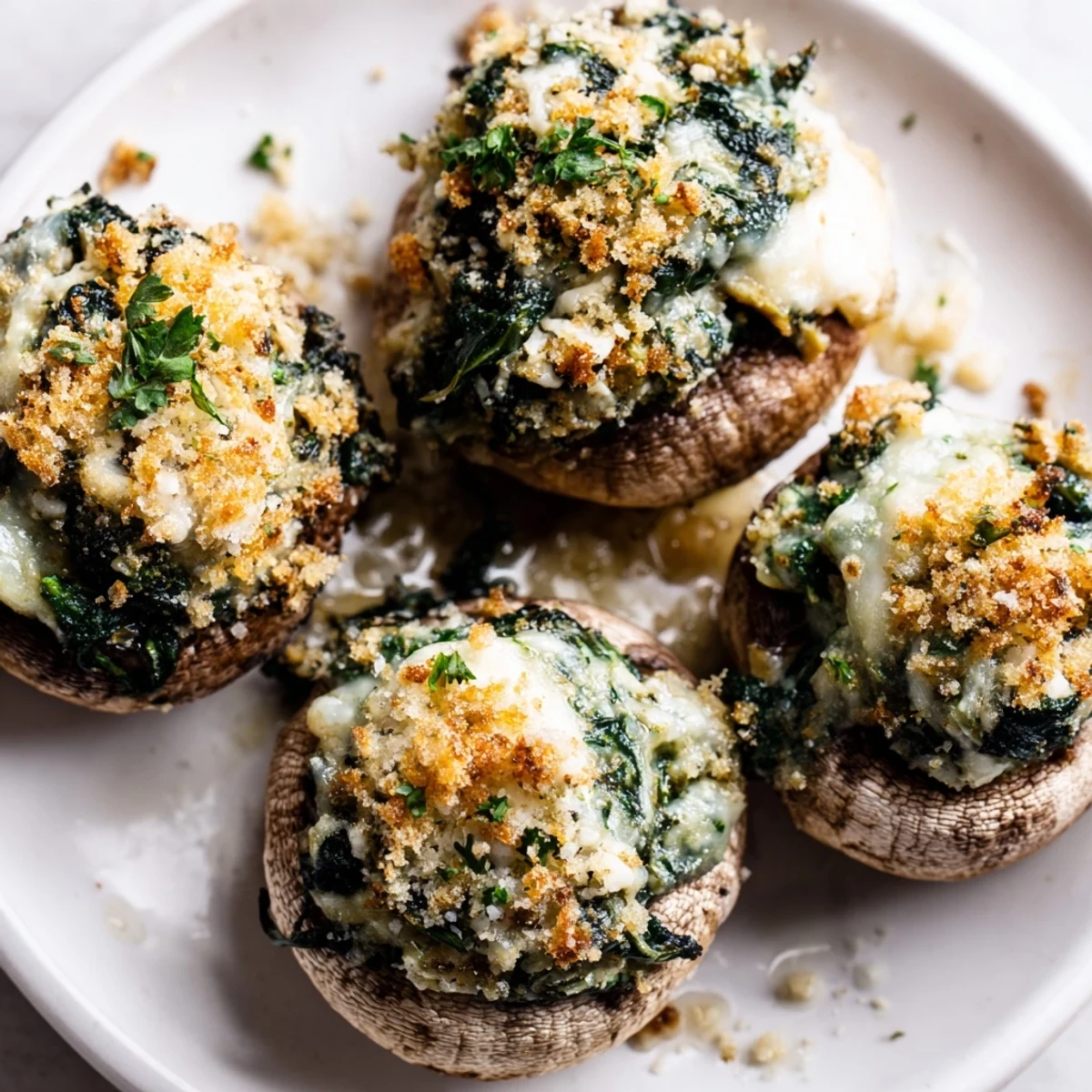 Appetizer-sized Vegetarian Stuffed Mushrooms with spinach and cheese garnished with fresh parsley.