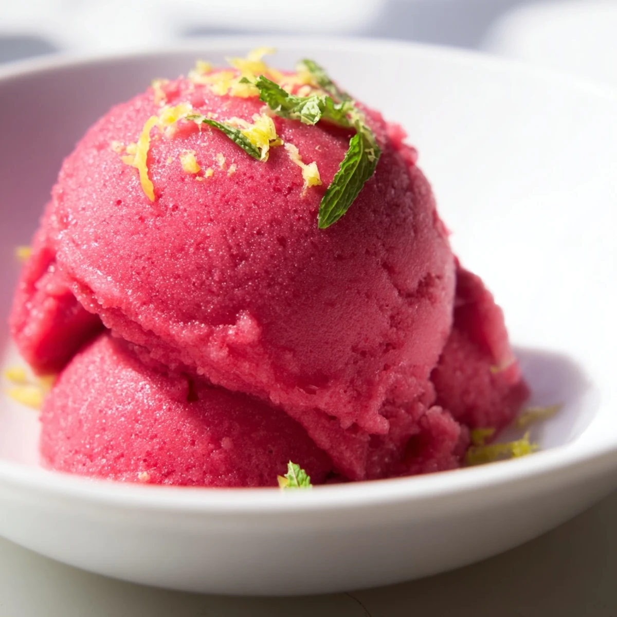 Fresh scoops of Pink Raspberry Lemonade Sorbet with Mint in a chilled glass, topped with a sprig of mint.
