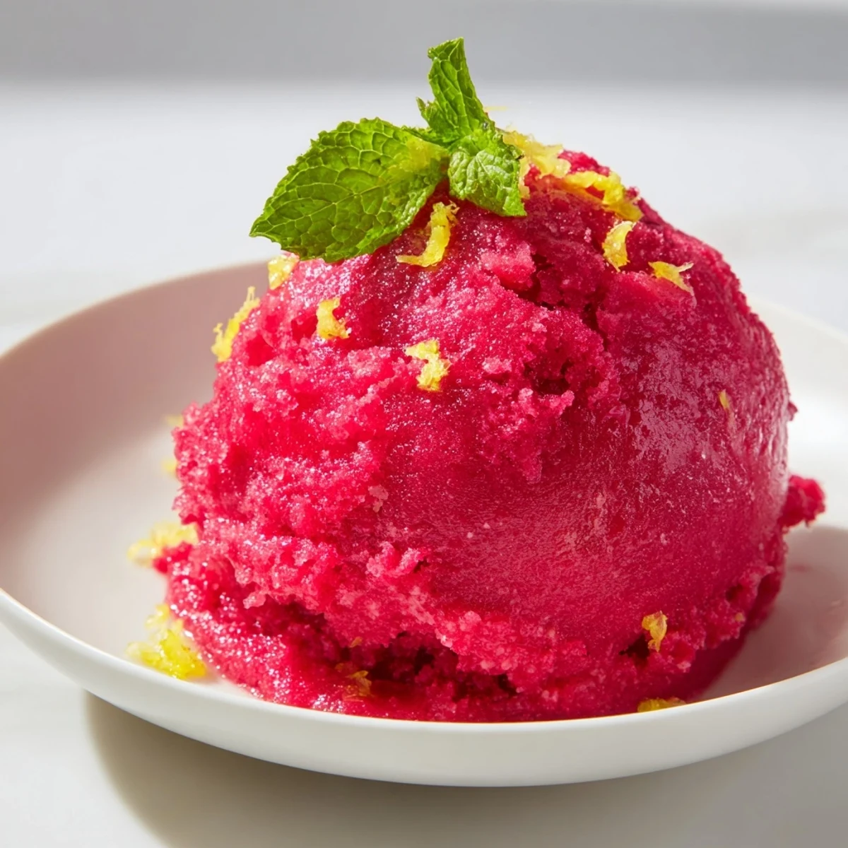 Homemade Pink Raspberry Lemonade Sorbet with Mint in a bowl, garnished with fresh mint leaves and raspberries.