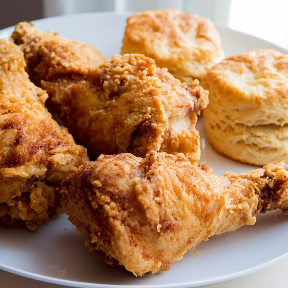 Crispy Southern Fried Chicken with Buttermilk Biscuits served with gravy for a comforting meal.