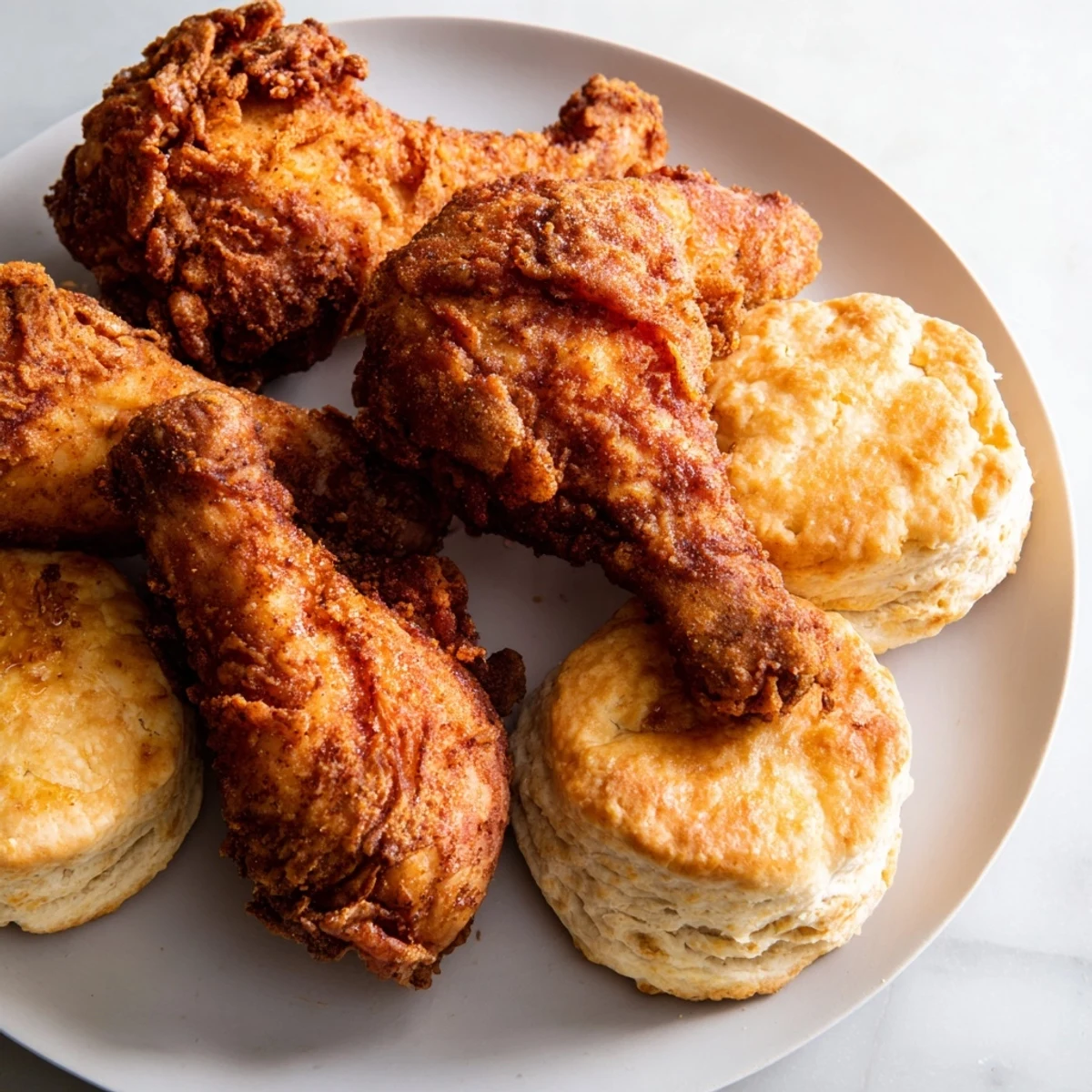Golden Southern Fried Chicken with Buttermilk Biscuits and honey butter on a rustic table.