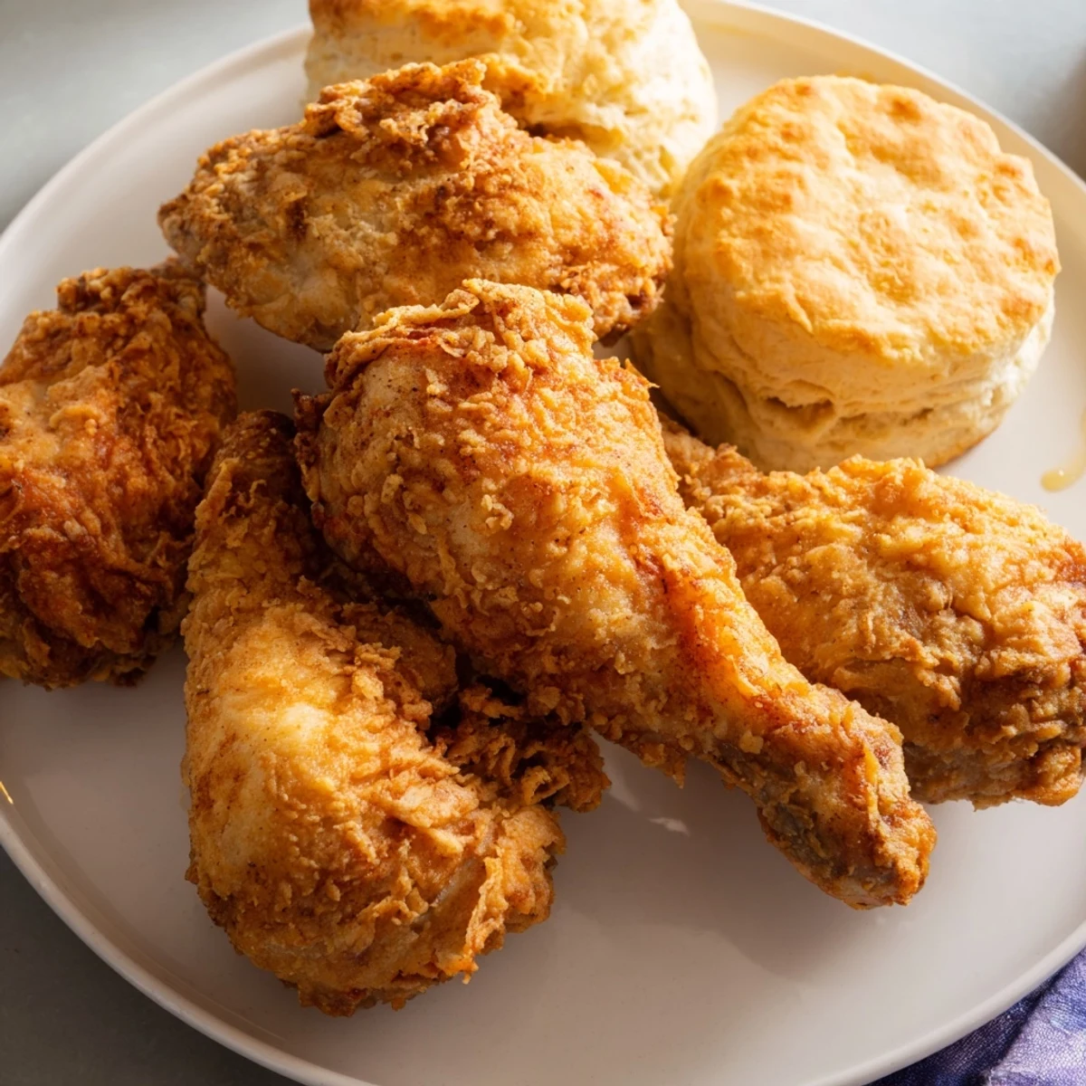 Golden fried chicken and flaky Southern Buttermilk Biscuits served with honey butter and pickles.