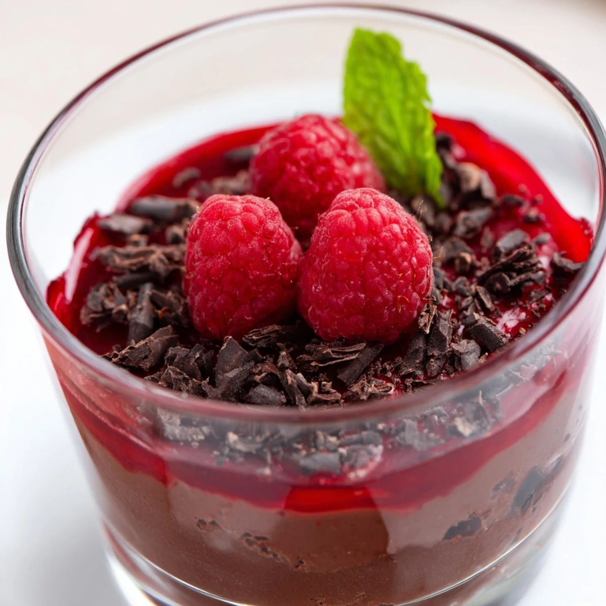 A glass cup of layered Chocolate Mousse with Fresh Raspberry Coulis, topped with fresh berries and mint for a vibrant dessert.