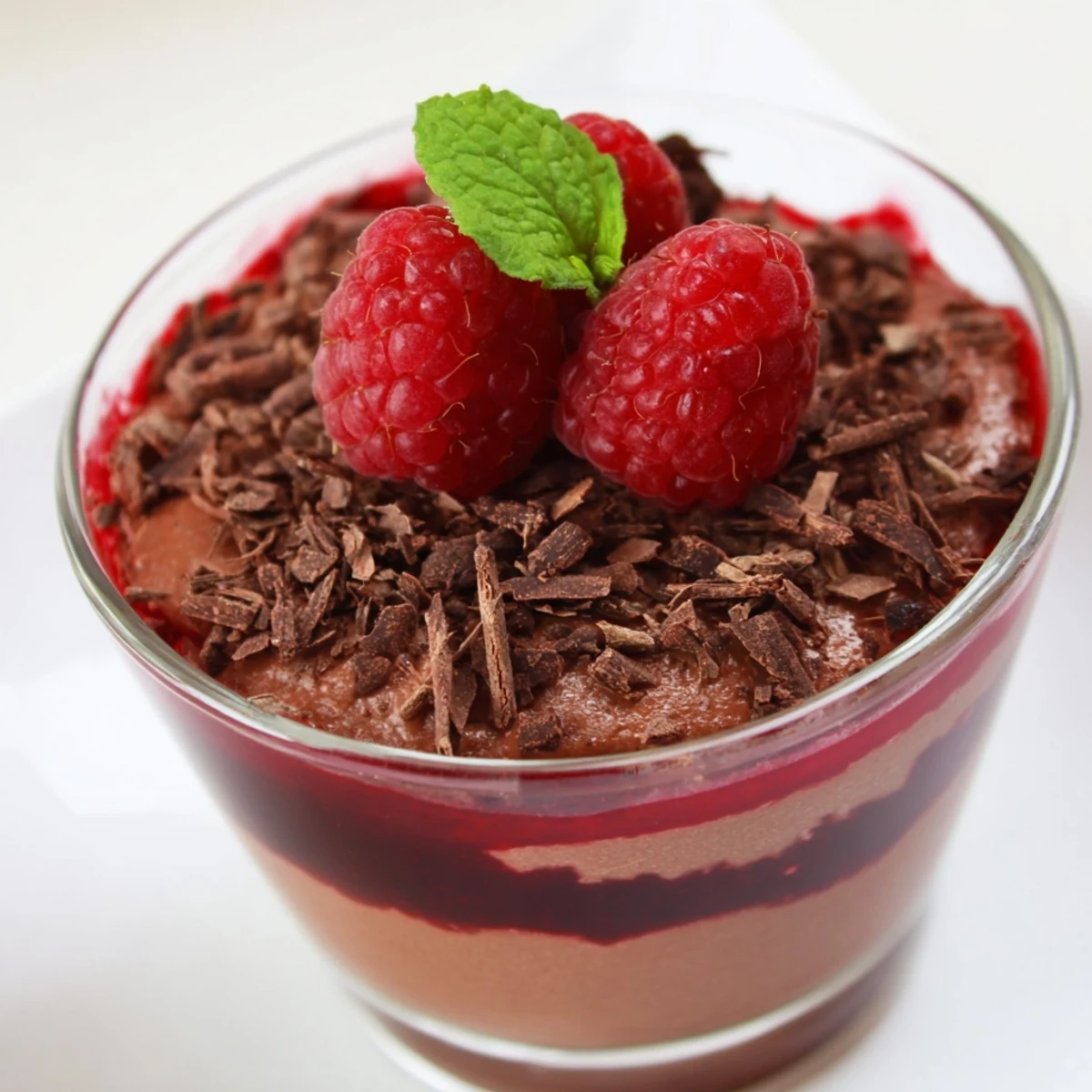 Spoonful of silky Chocolate Mousse with Fresh Raspberry Coulis, featuring rich chocolate shavings and a tangy red berry sauce drizzle.