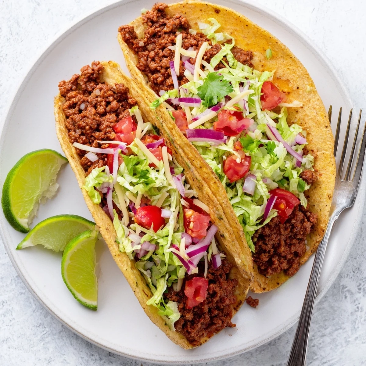 Golden-brown ground beef simmered with homemade taco seasoning is spooned into warm corn tortillas with shredded lettuce.