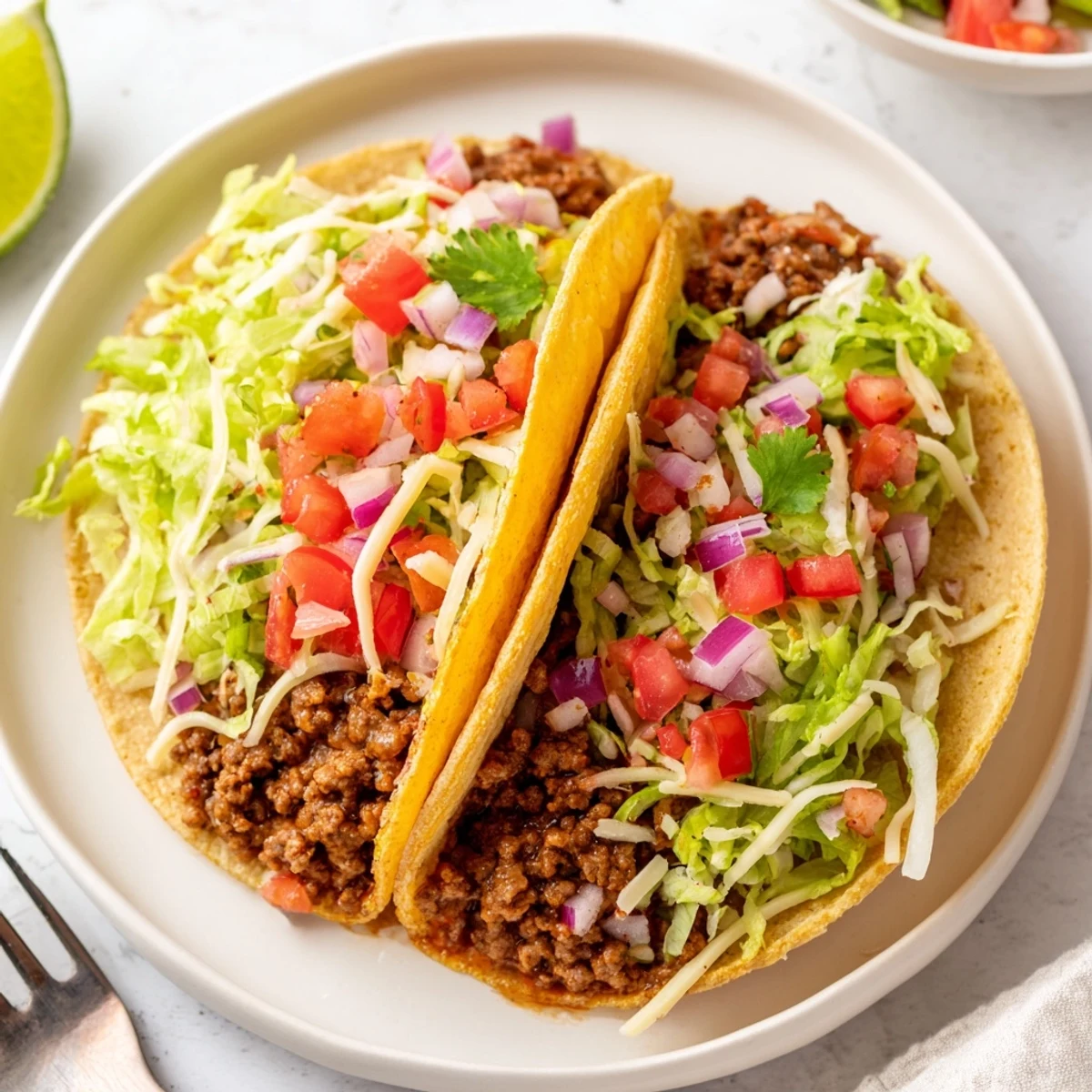 Sizzling Beef Tacos with Homemade Taco Seasoning are arranged on a platter with lime wedges and red onion.