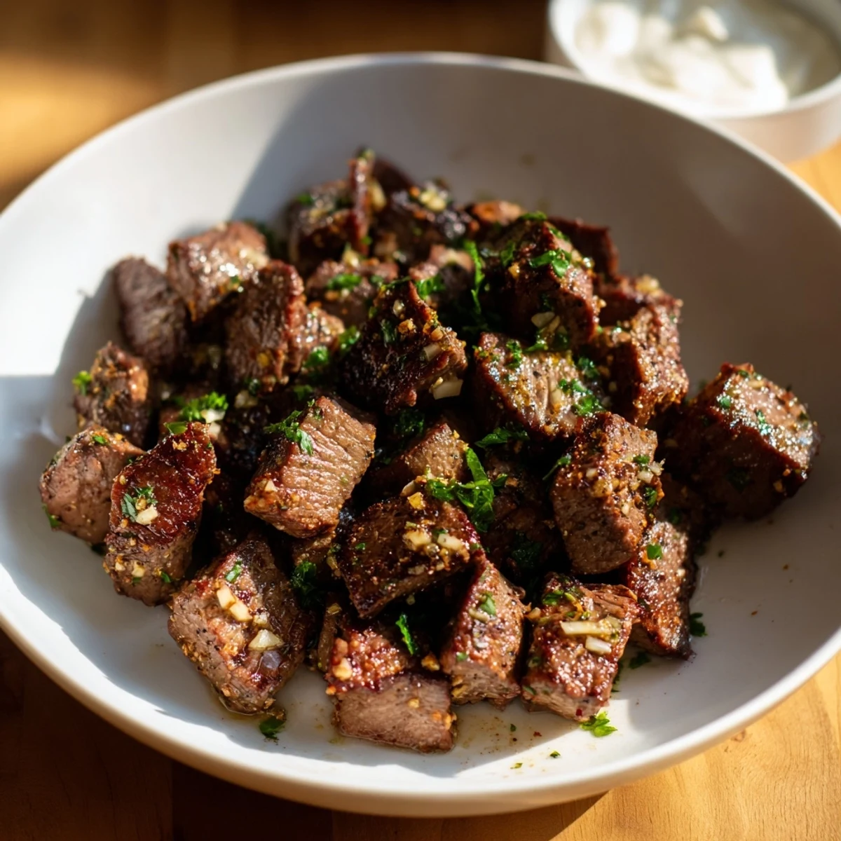 Garlic butter steak bites sizzled in a skillet, topped with a dollop of creamy horseradish sauce and fresh parsley garnish.