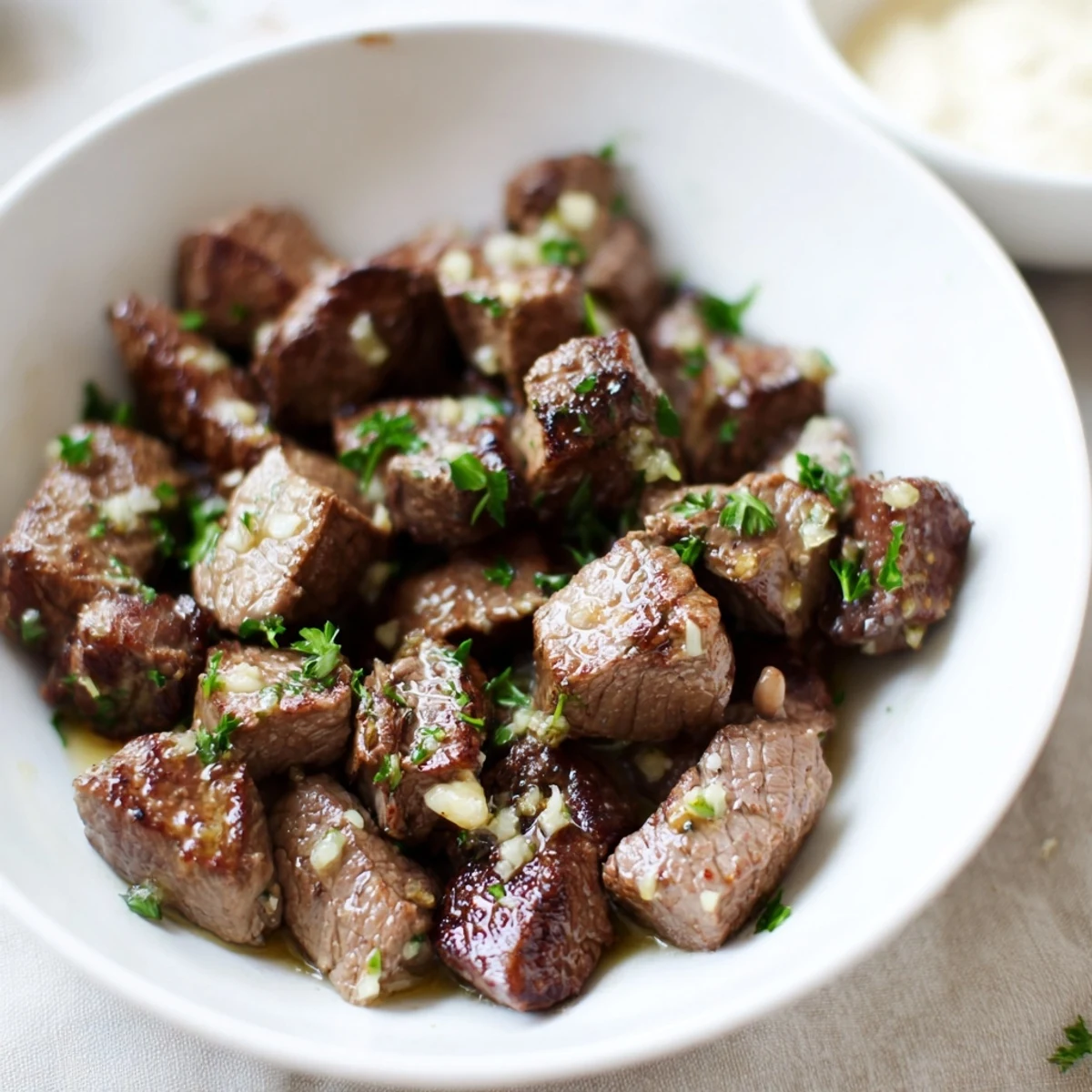 Succulent seared steak cubes with golden edges, served alongside a tangy white horseradish cream dip in a rustic bowl.