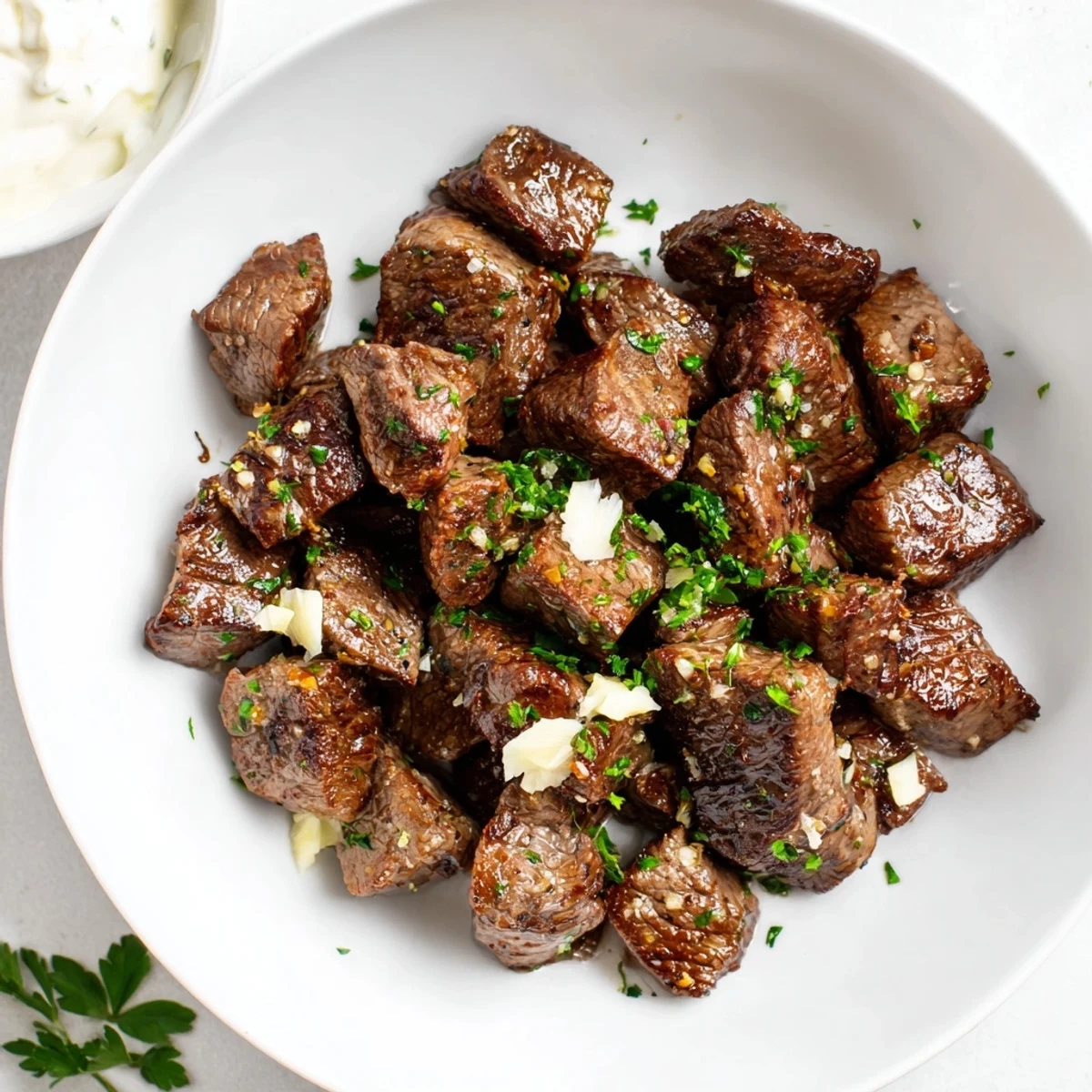 Juicy steak bites tossed in garlicky butter, presented on a platter with a small cup of zesty horseradish sauce.