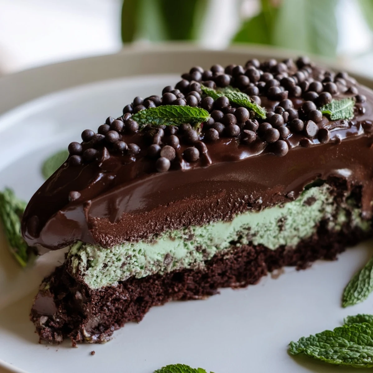 A slice of Mint Chocolate Chip Ice Cream Cake showcases layers of rich chocolate cake and creamy mint ice cream, topped with glossy ganache and fresh mint.