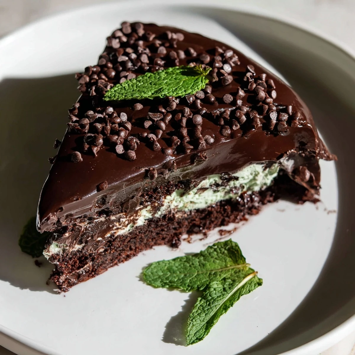Perfect for a crowd, this homemade Mint Chocolate Chip Ice Cream Cake reveals decadent layers of chocolate cake and mint ice cream under a dark chocolate ganache.