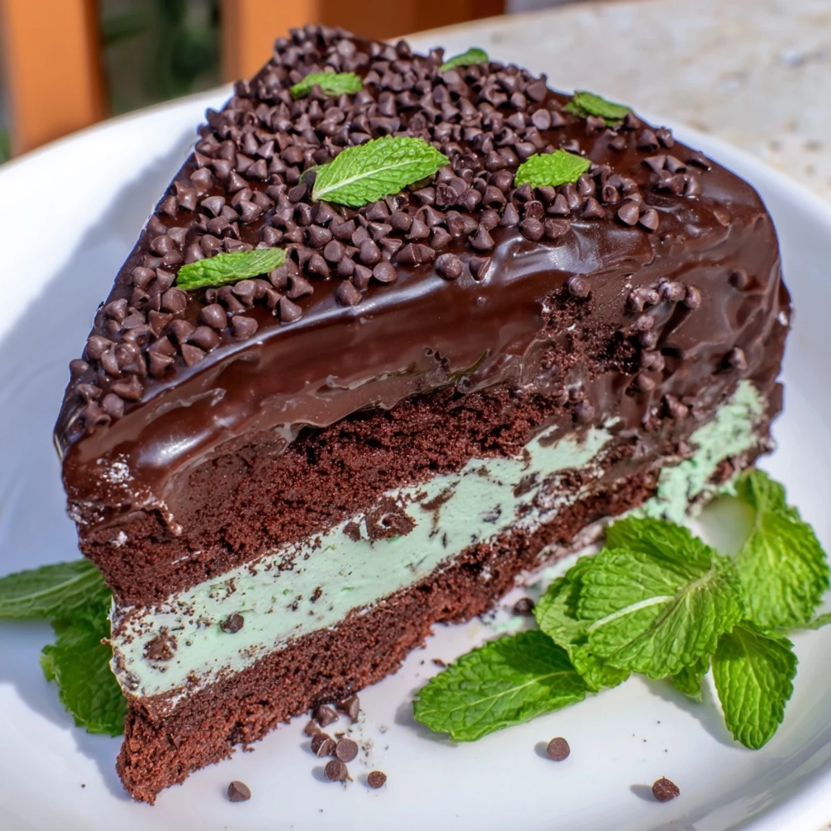Serve this frozen Mint Chocolate Chip Ice Cream Cake with a warm knife, displaying mint green swirls, chocolate chips, and a drizzle of rich ganache.